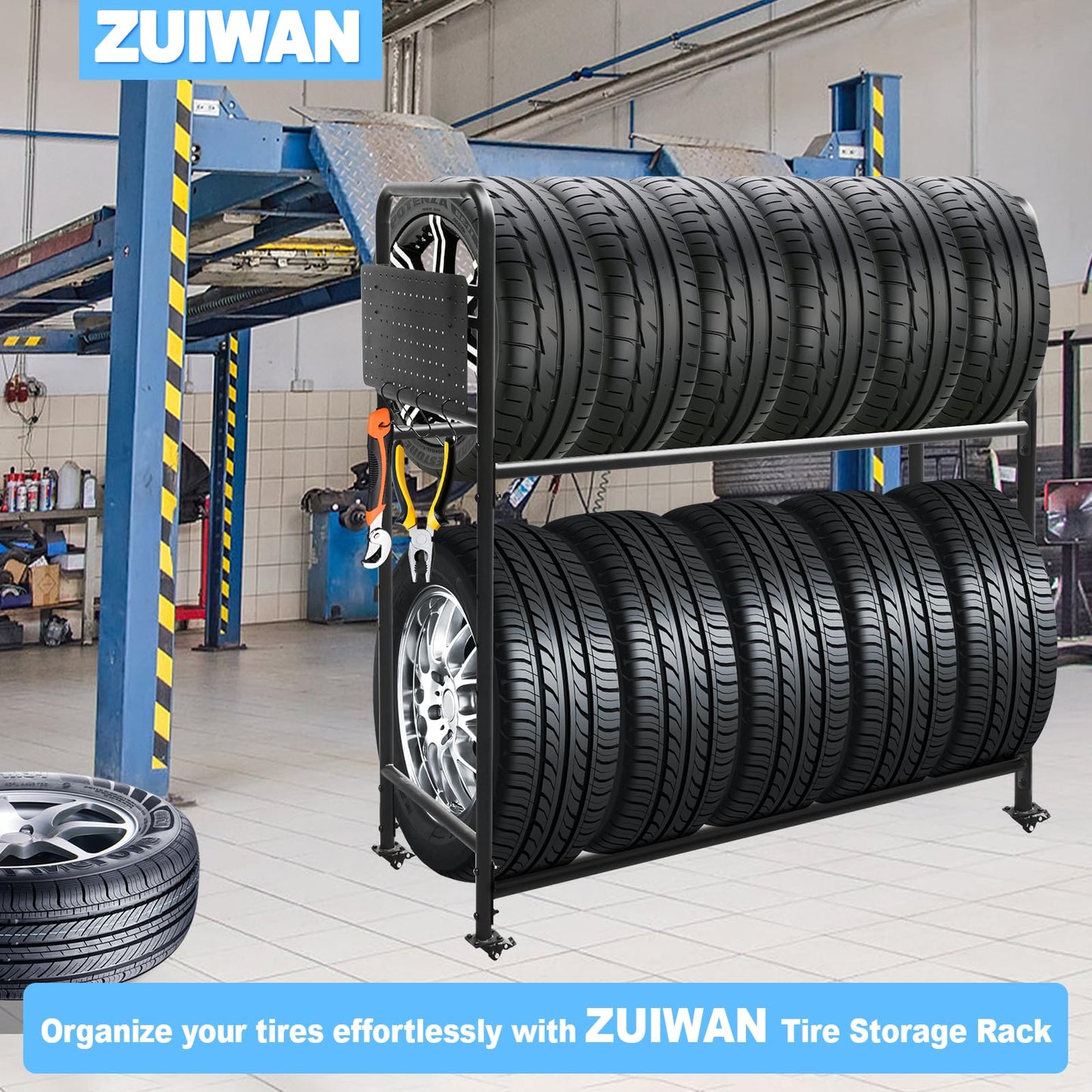ZUIWAN Rolling Tire Rack for Garage, Adjustable Metal Tire Rack with Foldable Heavy-Duty Hole Board, 4 Self-Locking Swivel Casters, 59” Height, 660 Pound Capacity