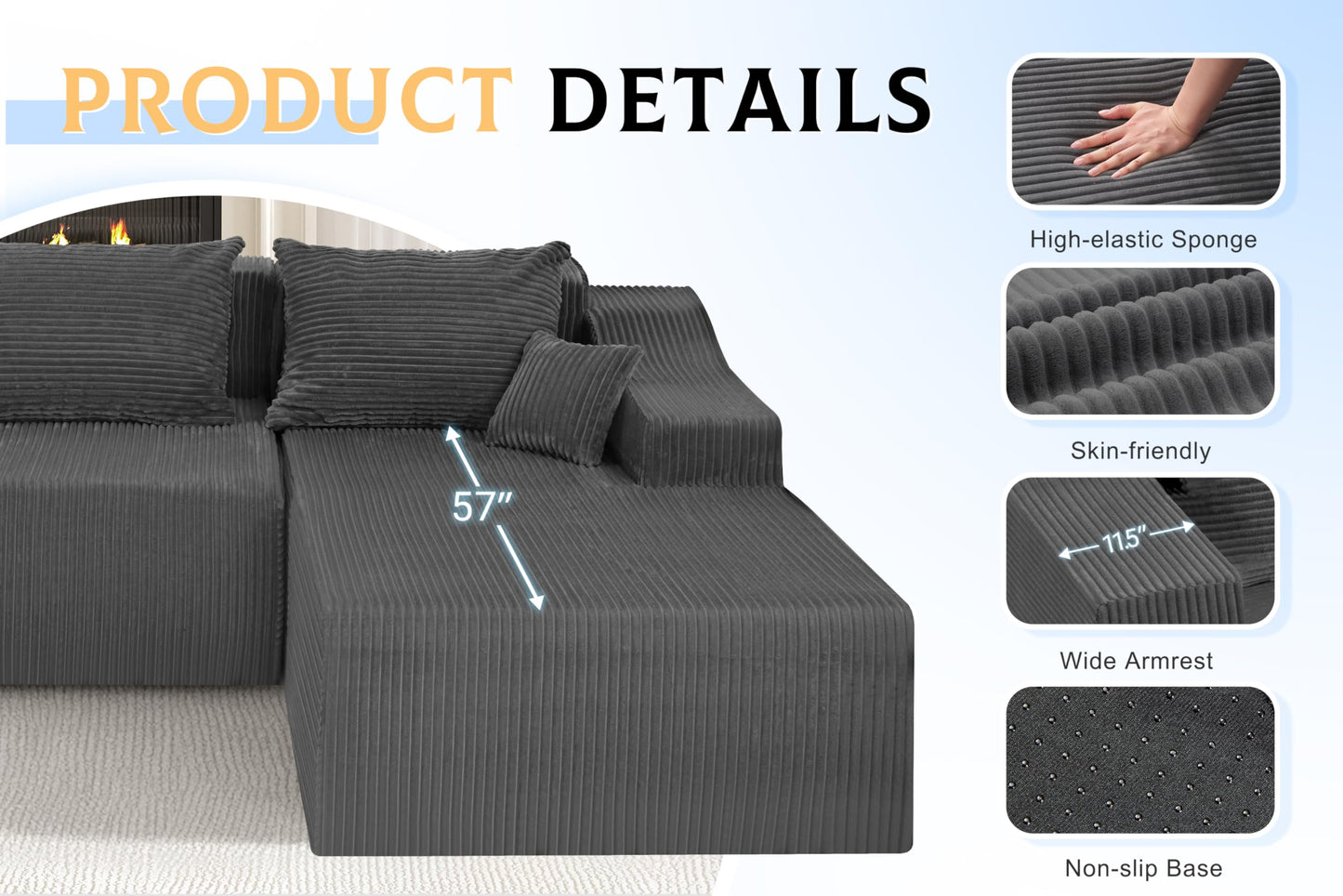HABUTWAY 105" Modular Sectional Couches for Living Room, Boneless Couch with L-Shape Chaise,Comfy Sofa Living Room Sofas with Deep Seat,No Assembly, Corduroy Fabric(Grey,Right)