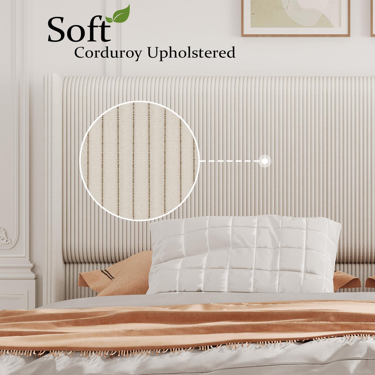 Garvee King Bed Frame with 50" Tall Wingback Headboard, Corduroy Upholstered Platform King Size Bed Frame, No Box Spring Needed, Sturdy Wooden Slats, Noise Free, Cream