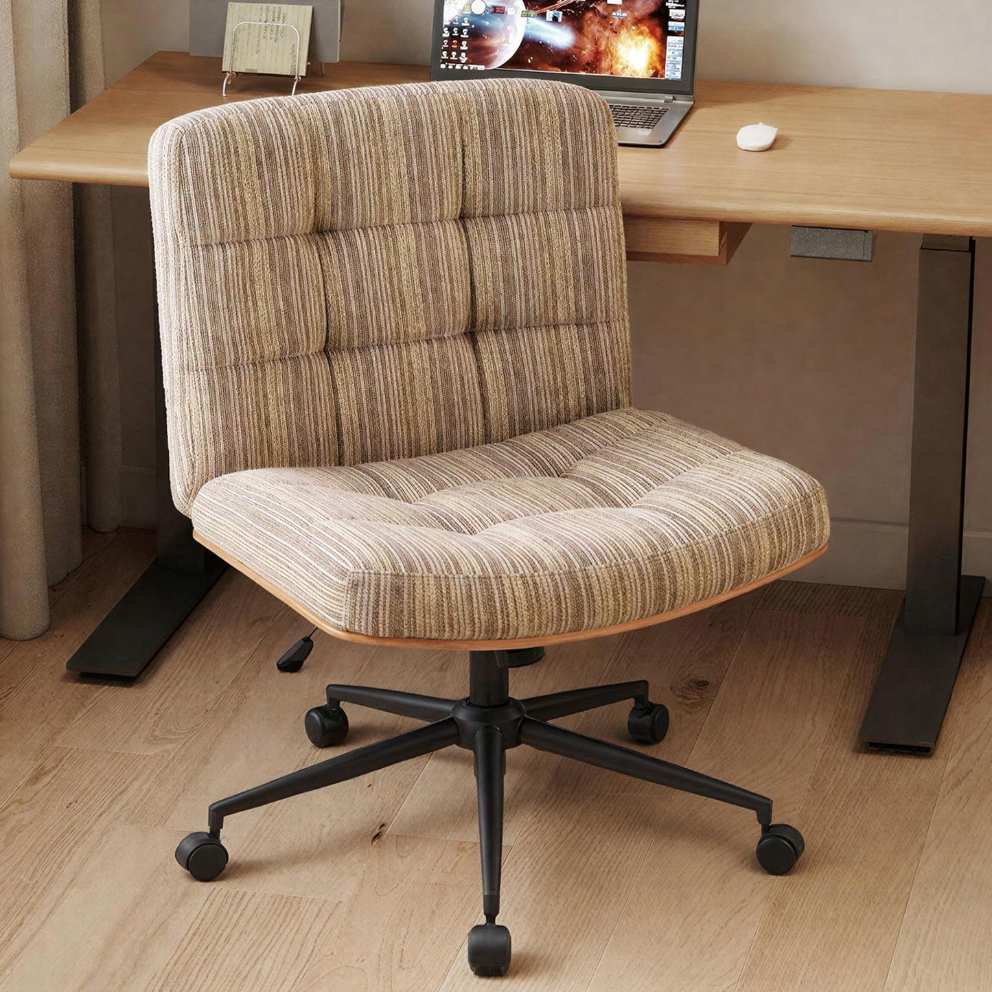 Furnimart Heavy-Duty Curved FSC Wood Desk Chair 360° Swivel, Premium Chenille Criss Cross Chair with Wheels Wide Seat, Comfy Armless Cross Legged Sitting for Bedroom, Office, Vanity (Light Brown)