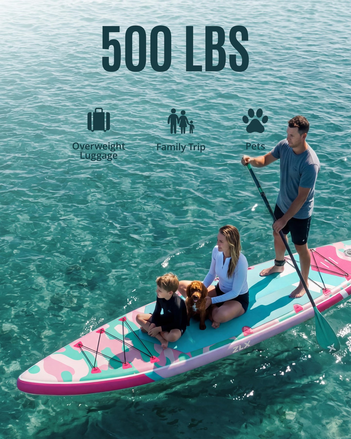 ZLX 11'6" Extra Wide Inflatable Paddle Board with Seat, Touring Stand Up Paddleboard, Fast Long-Distance SUP, Stable Center Fin, Portable Backpack & Accessories for Adults, 500lb/3 People/Family
