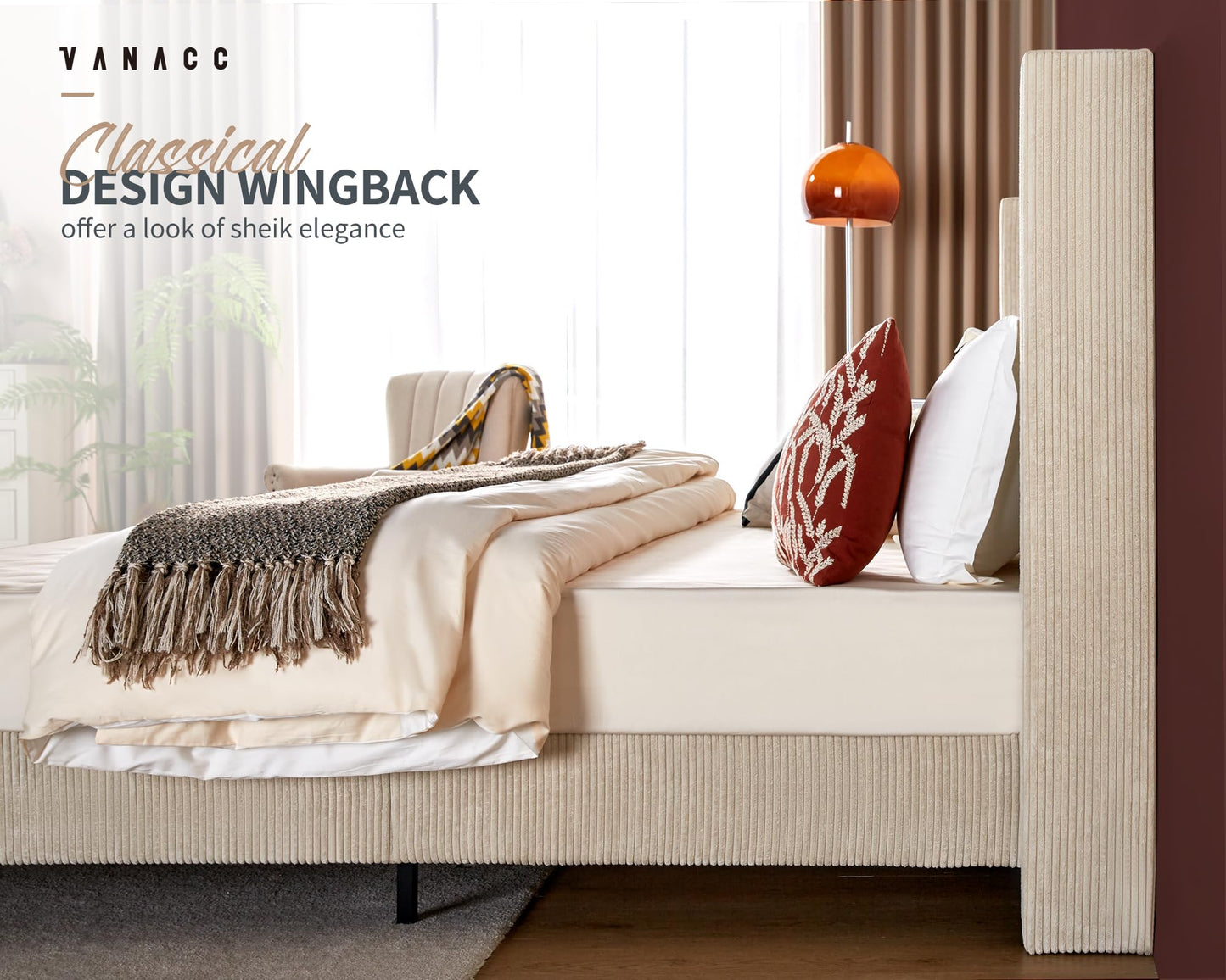 VanAcc Queen Size Platform Bed Frame, 50.8" Corduroy Upholstered Bed with Vertical Channel Tufted Headboard/Wooden Slats/Wingback/No Box Spring Required/Beige