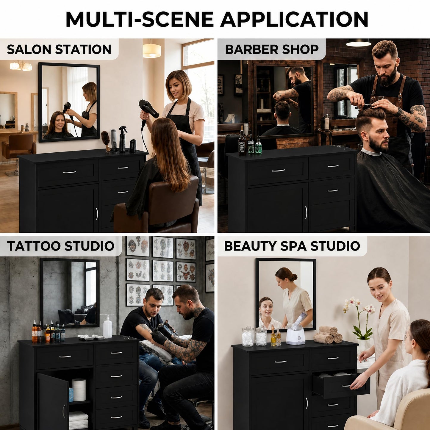 Merax Barber Salon Station with Mirror, Metal Frame Workstation for Salons, Barber Storage Cabinet with Drawers, Desktop Storage Holes, Freestanding Beauty Station for Hair Salon, Black
