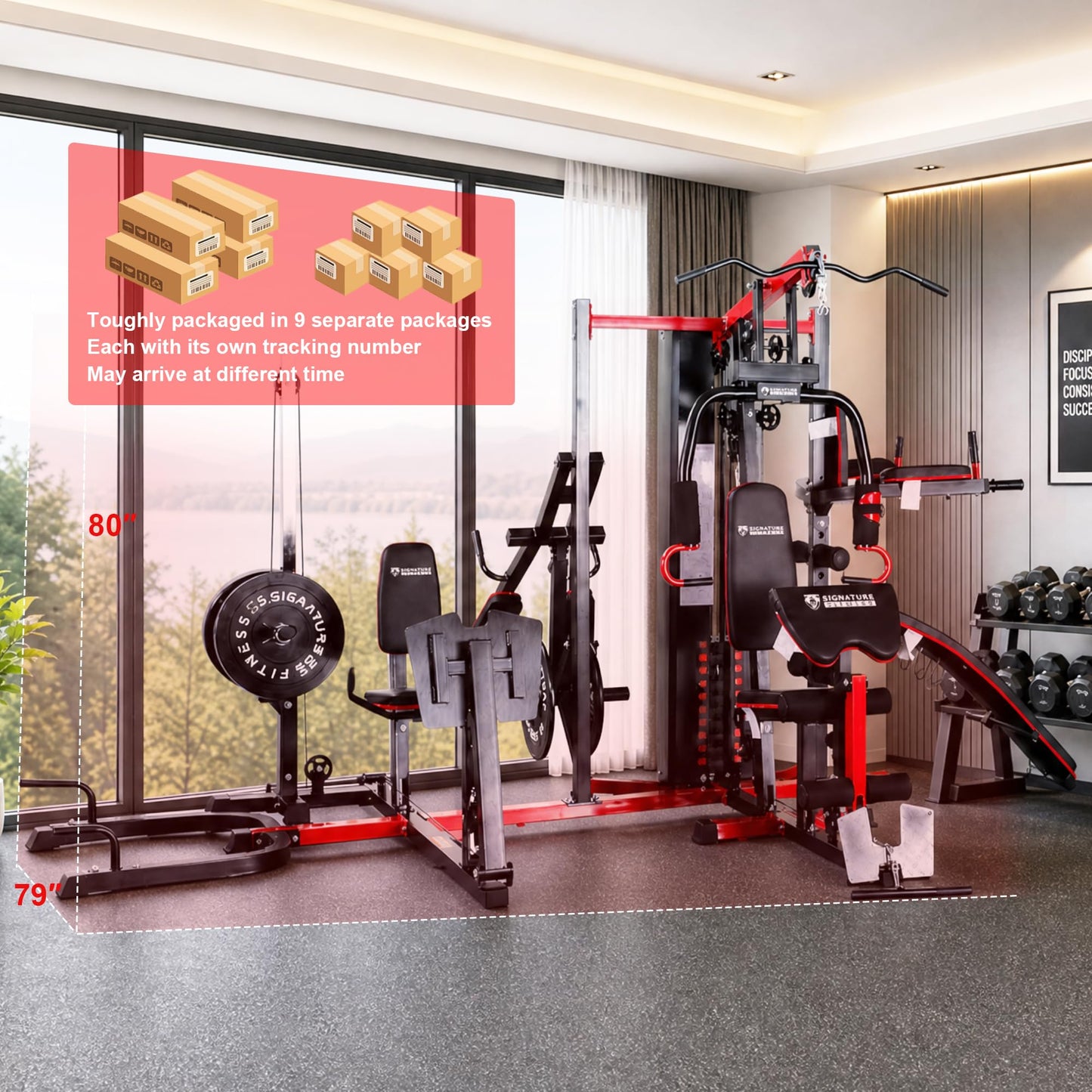 Signature Fitness Multifunctional Home Gym System Workout Station with Leg Extension, Preacher Curl, Pushup, Dip, Situp Stand, Leg Press and Squat Stand, 122.5LB Weight Stack, M950, Steel