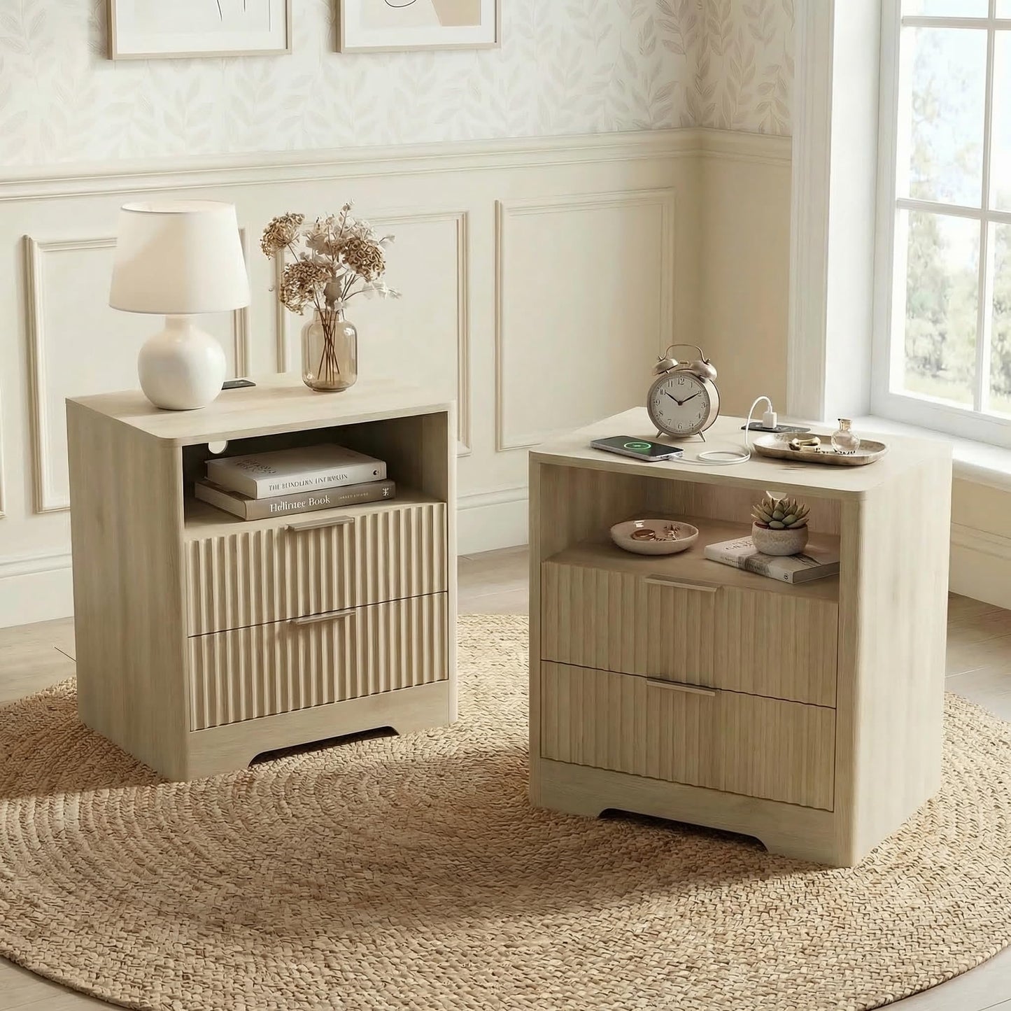 KEIKI Nightstand with Charging Station Set of 2, Built-in Storage Drawers and Shelf, Wood Smart Bedside Cabinet with Voice Control, Natural and Natural