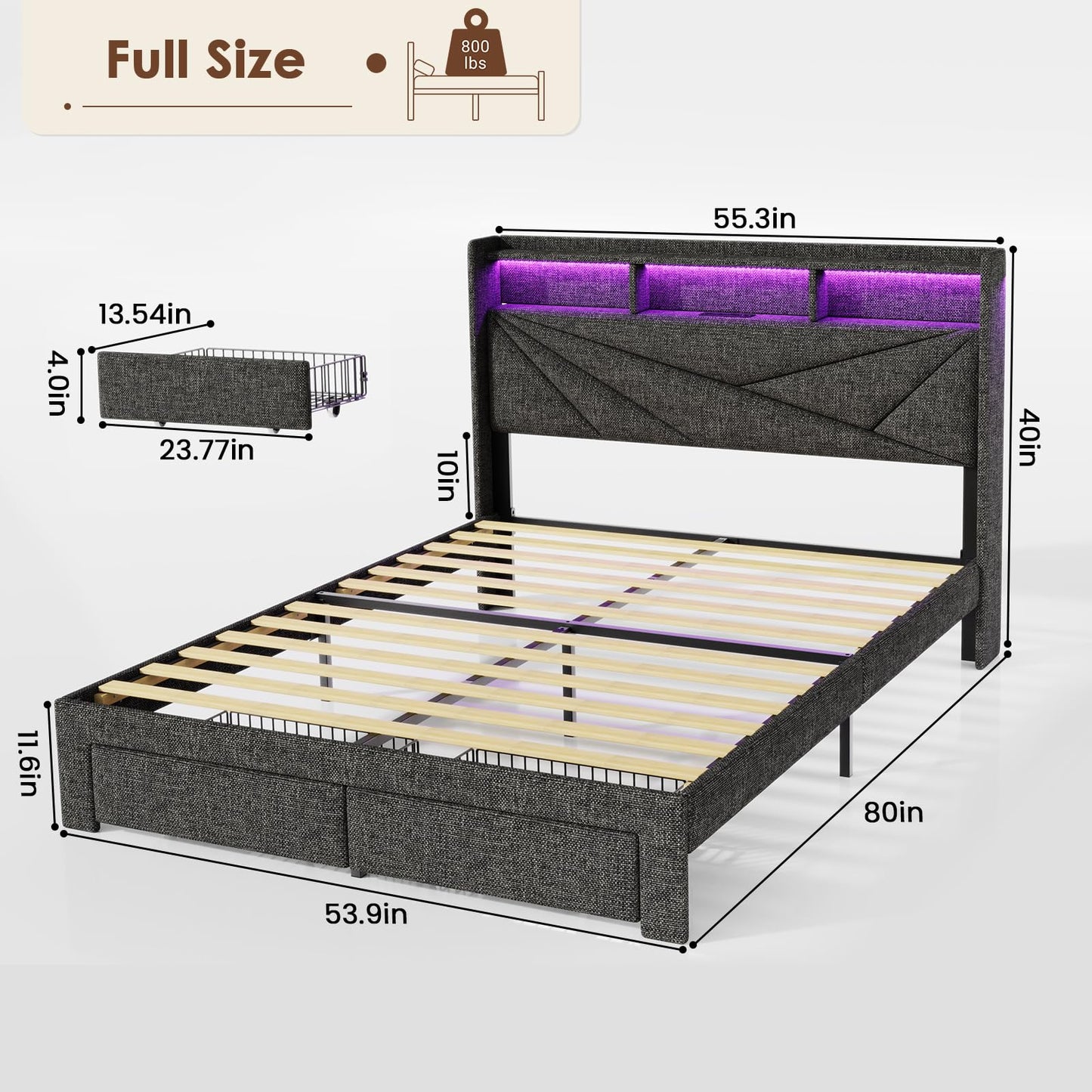 Driftalia Full Size Bed Frame with 2-Tier Storage Headboard, Upholstered Full Bed Frame with 2 Drawers, Charging Station and LED Lights, No Box Spring Needed, Easy Assembly - Dark Grey