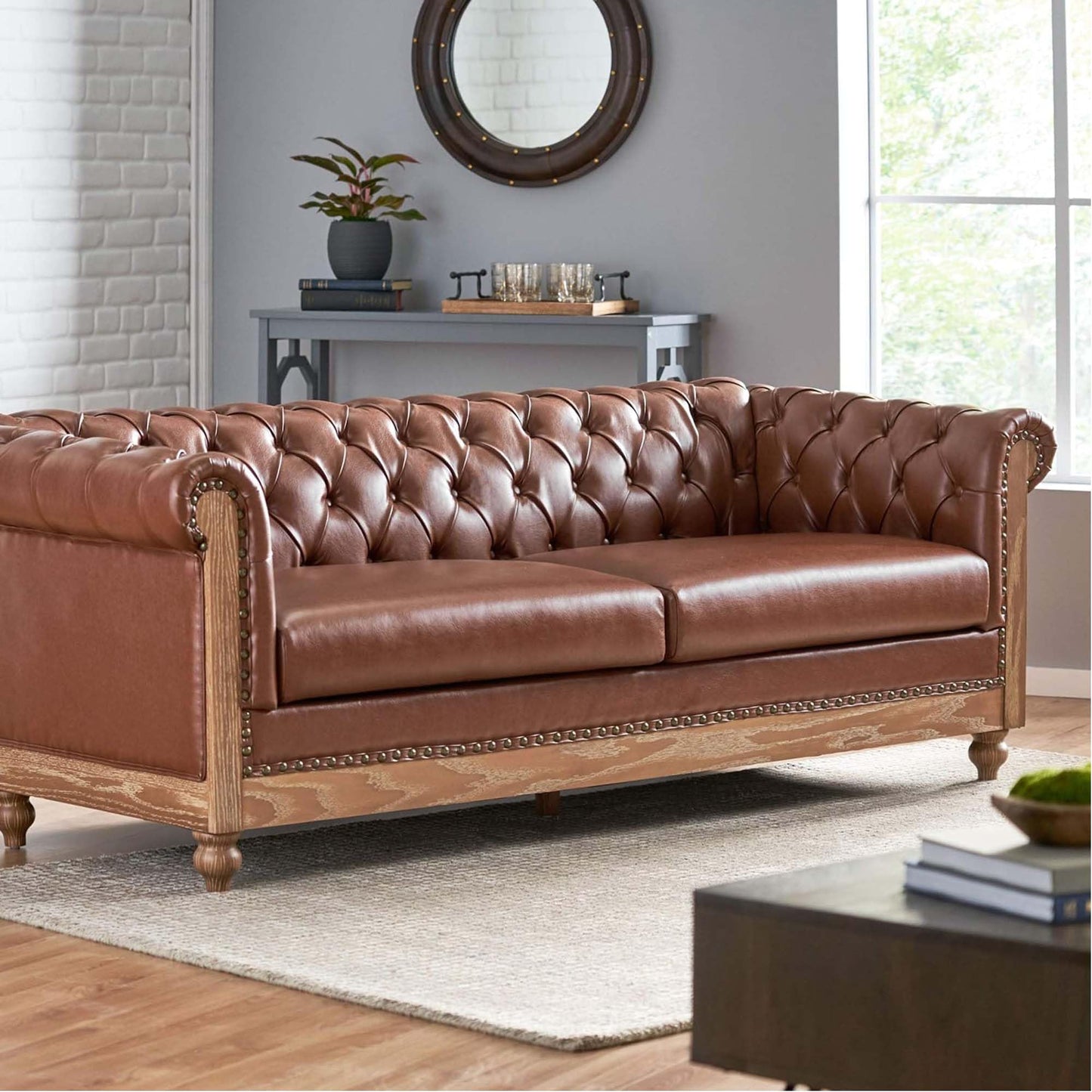 Merax 3 Seat PU Chesterfield Sofa, Retro Style Upholstered Leather Couch Rolled Arm for Living Room Bedroom Office, Light Brown