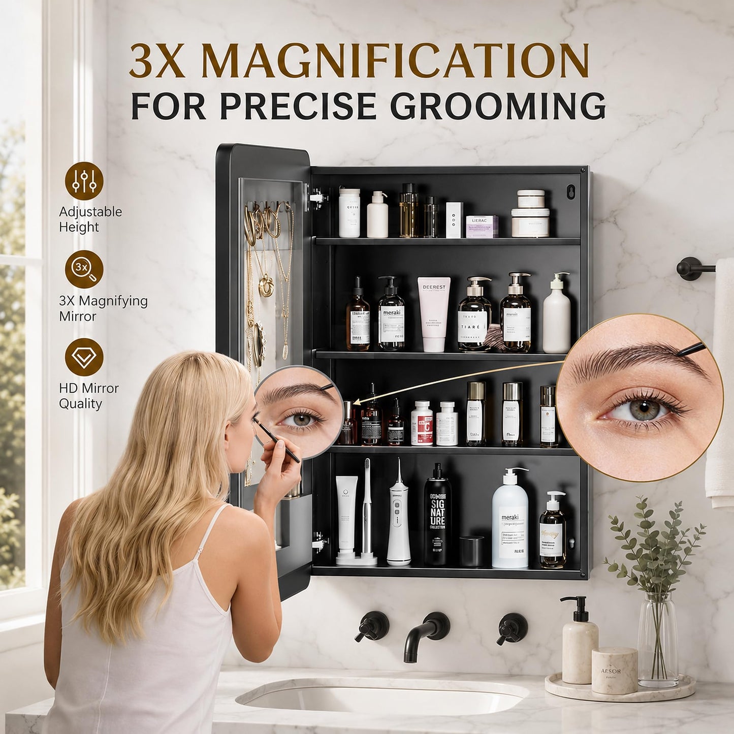 MemoCastle Medicine Cabinet with Mirror, 20x30 Inch Aluminum Bathroom Cabinet with Adjustable Shelves, Built-in Makeup Storage, Recessed or Surface Mount, Soft Close Hinges, Matte Black