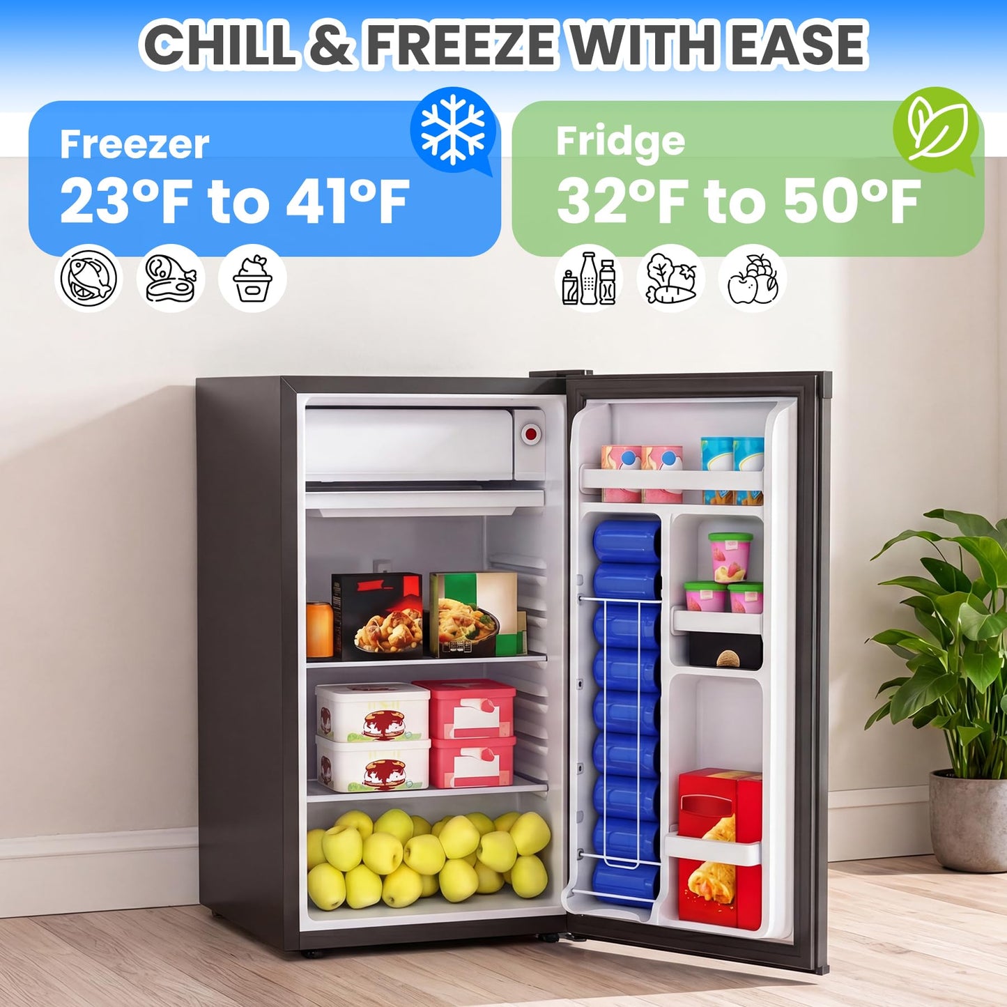Garvee Compact Mini Fridge with Freezer, 3.2 Cu.Ft - Dual Zone Temperature Control, Single Door, 7 Adjustable Settings, Removable Shelves, Quiet & EnergEfficient - Ideal for Bedroom, Office, Dorm