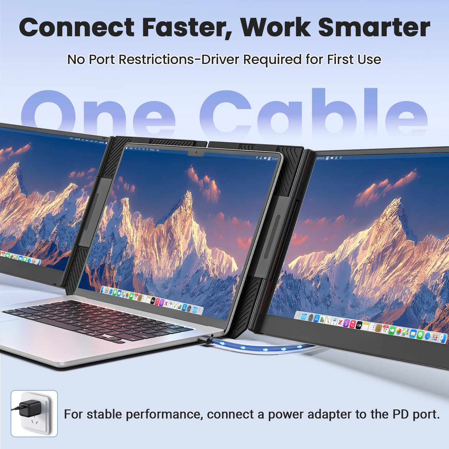 Rizpak One Cable Laptop Screen Extender, 15.6” Ultra-Slim Triple Portable Monitor, 1080P FHD IPS Display, USB-C/A Connection, Travel Monitor for 13–17.3" Laptops, Mac/Windows/Android (Driver Required)