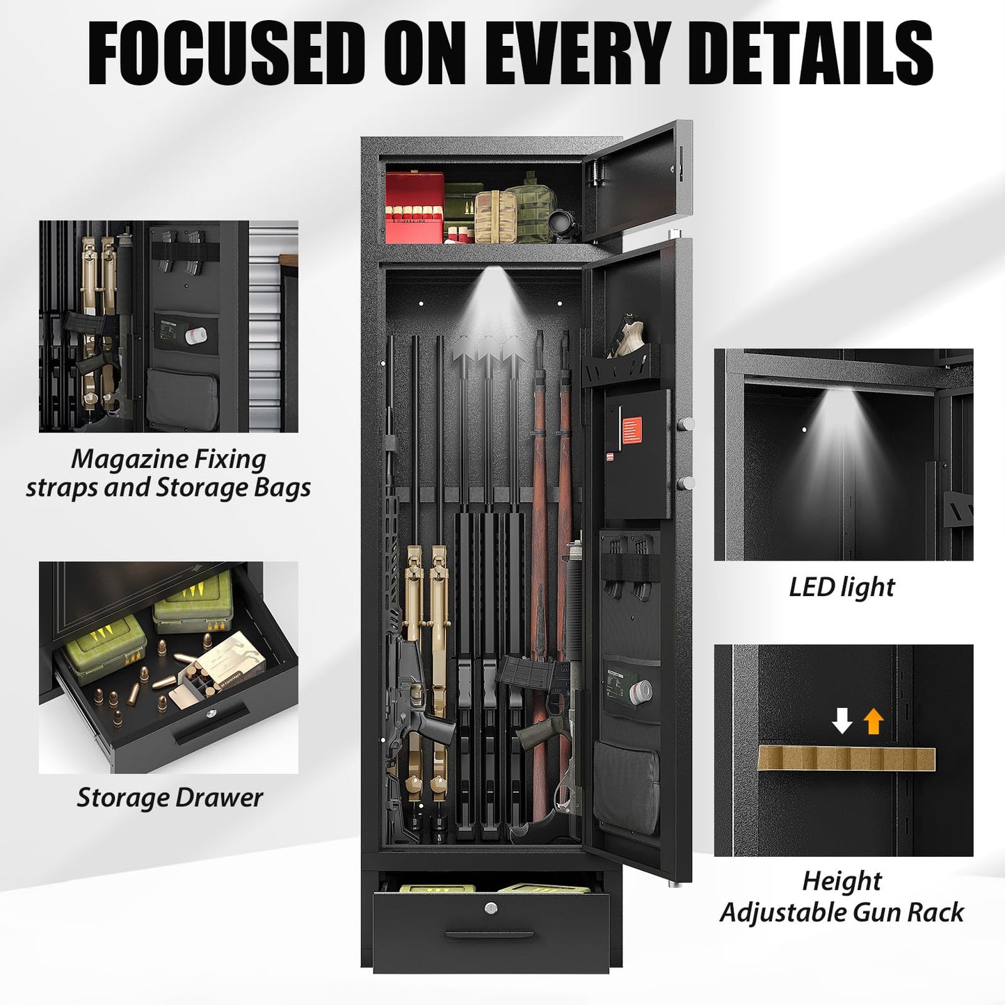 Zevemomo 10-12 Gun Safes, Gun Safe for Rifles and Pistols Safe for Home, Quick & Easy Access Gun Cabinets for Rifle and Handgun with LED Light & Drawer, Electronic Lock