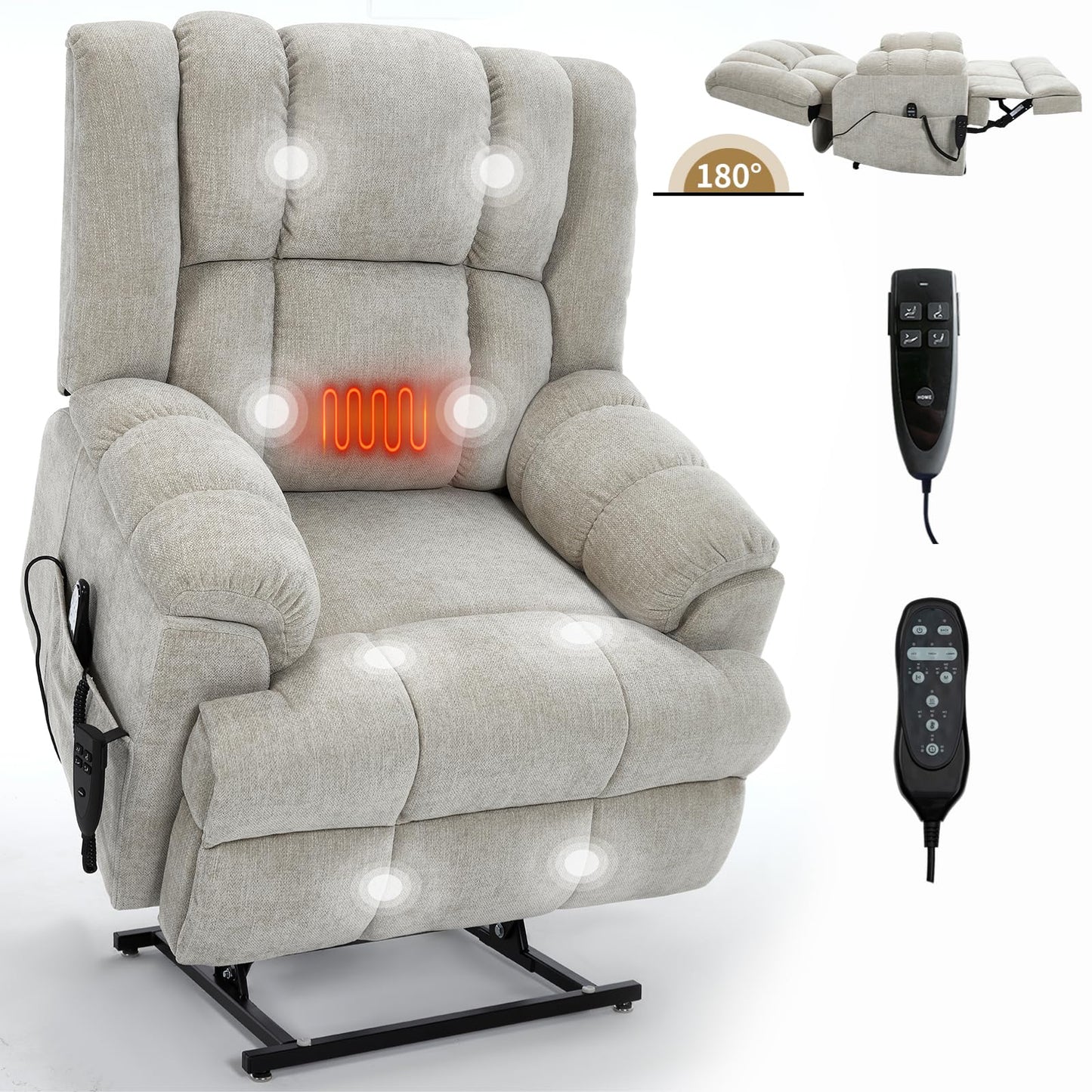 GDFStudio Dual Motor Power Lift Recliner Chair with Massage and Lumbar Heat, Heavy Duty Electric Reclining Chair with Remote Control, Supports Up to 350 LBS, Beige