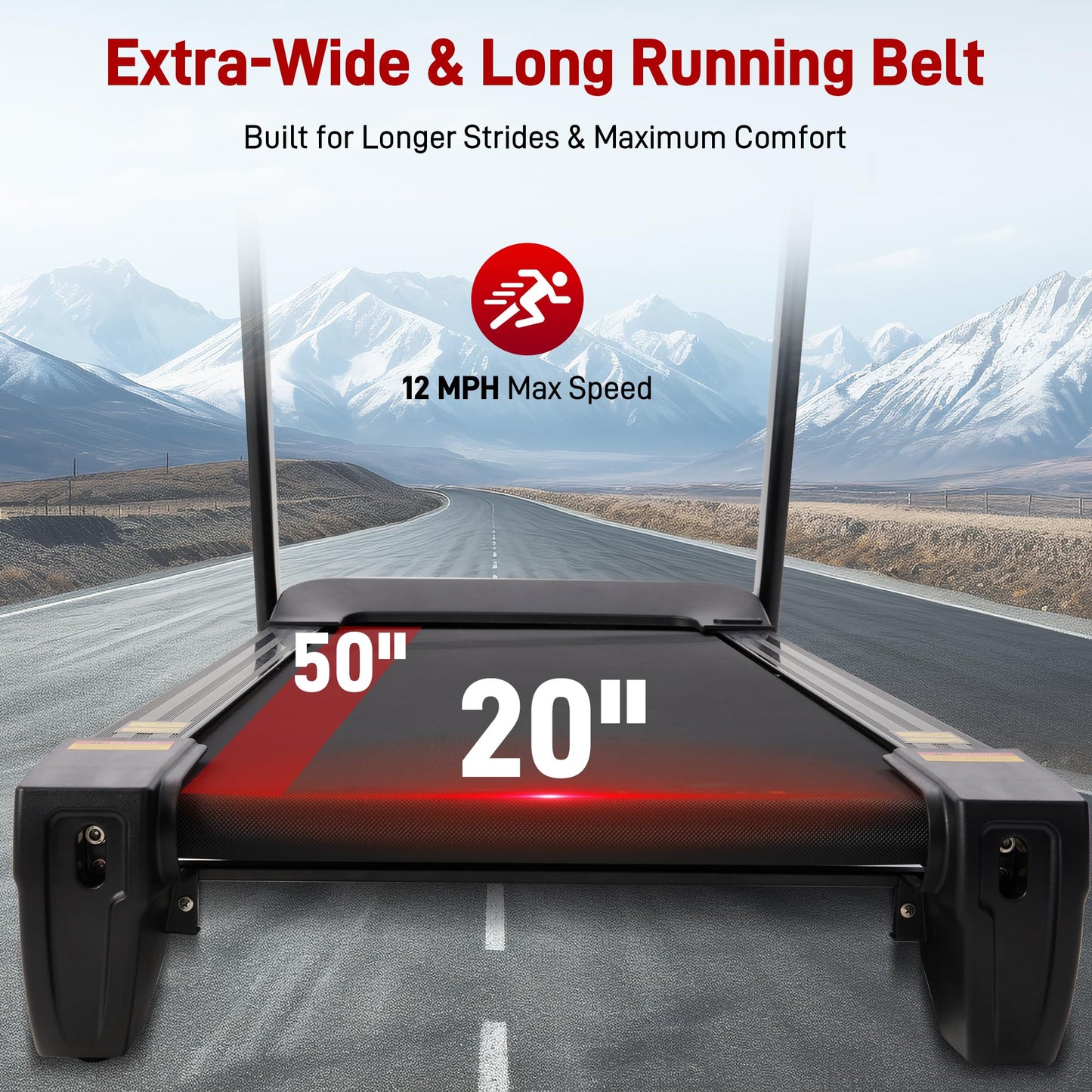 Heavy Duty Treadmill for Home, 20"x 50" Running Area, 12 MPH, Auto Incline