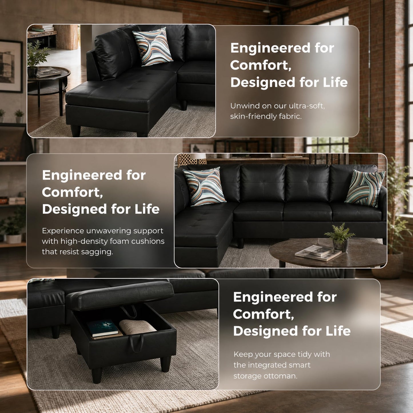 NicBex Sectional Couch 3 Pieces Sofa Set, L-Shaped Modular Couches for Living Room, Furniture Sets with Lounge Chaise & Storage Ottoman, Multi-Scene Use for Apartment & Office, Black