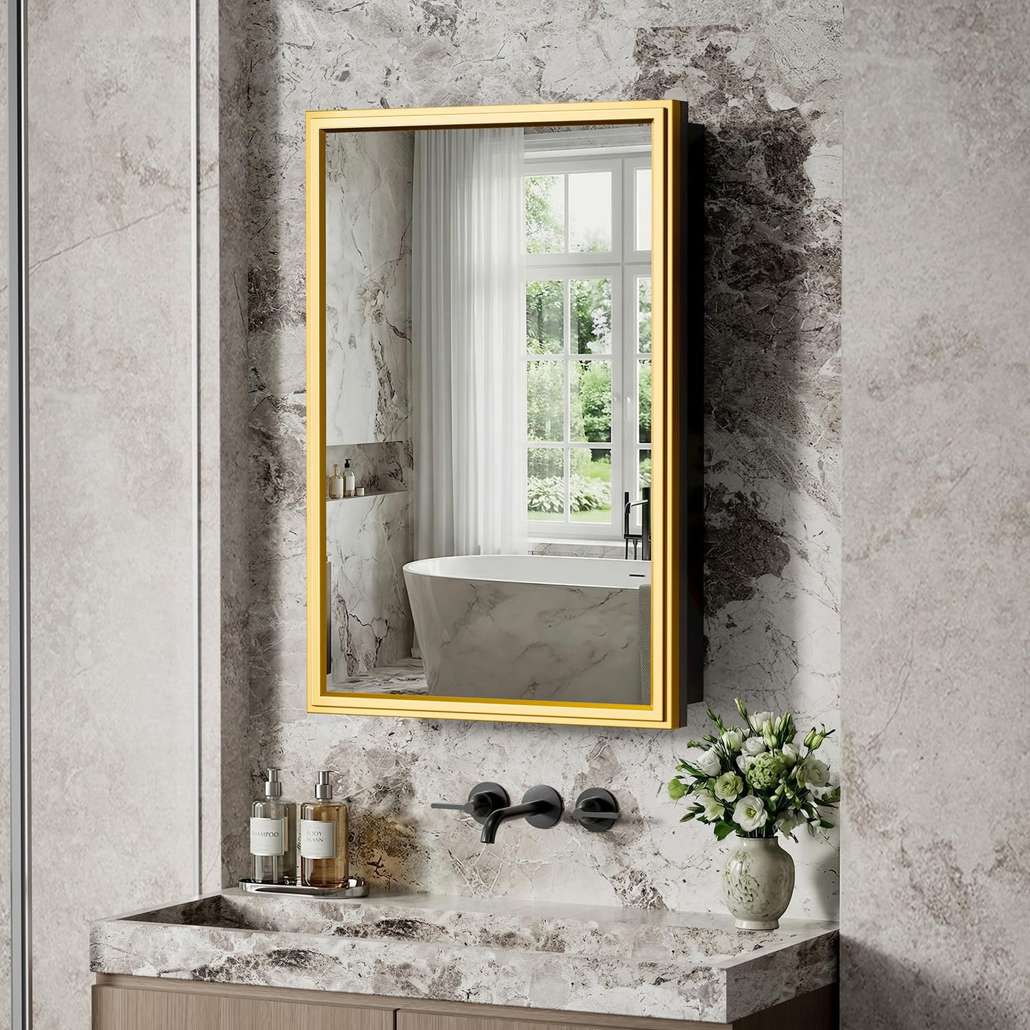 HGLITEDMIR 16 x 24 Inch Medicine Cabinet Recessed or Wall Mount Aluminum Bathroom Medicine Cabinet with Mirror and 3 Adjustable Shelves for Bedroom Entryway Dressing Room Apartment and Hotel Gold