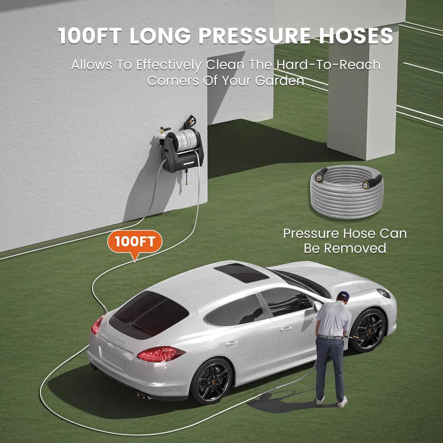 Giraffe Tools Grandfalls Retractable Wall Mount Pressure Washer Plus, Electric Power Washer with 100ft Pressure Hose, Max 2900PSI 2.2 GPM, Automatic Rewind, Any Length Lock, Dark Silver