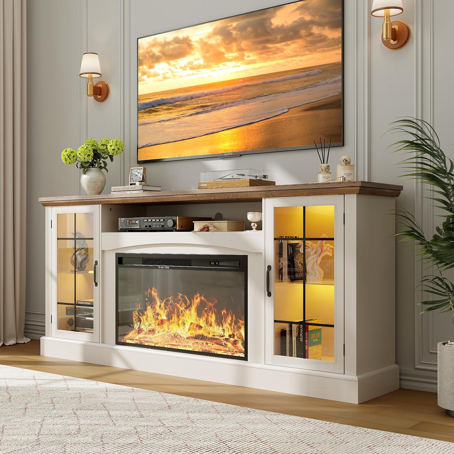 OneBlis 2-in-1 Multifunctional Fireplace TV Stand with 30" Removable Electric Fireplace, 70" Farmhouse Entertainment Center, Media Console Table with Large Storage Cabinets, for Living Room, White