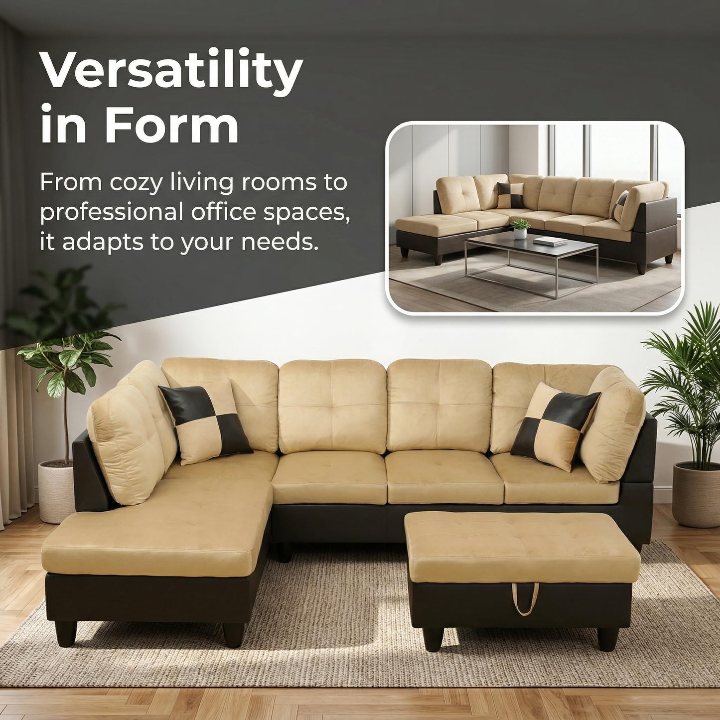 NicBex Sectional Couch 3 Pieces Sofa Set, L-Shaped Modular Couches for Living Room, Furniture Sets with Lounge Chaise & Storage Ottoman, Multi-Scene Use for Apartment & Office, Beige+Black