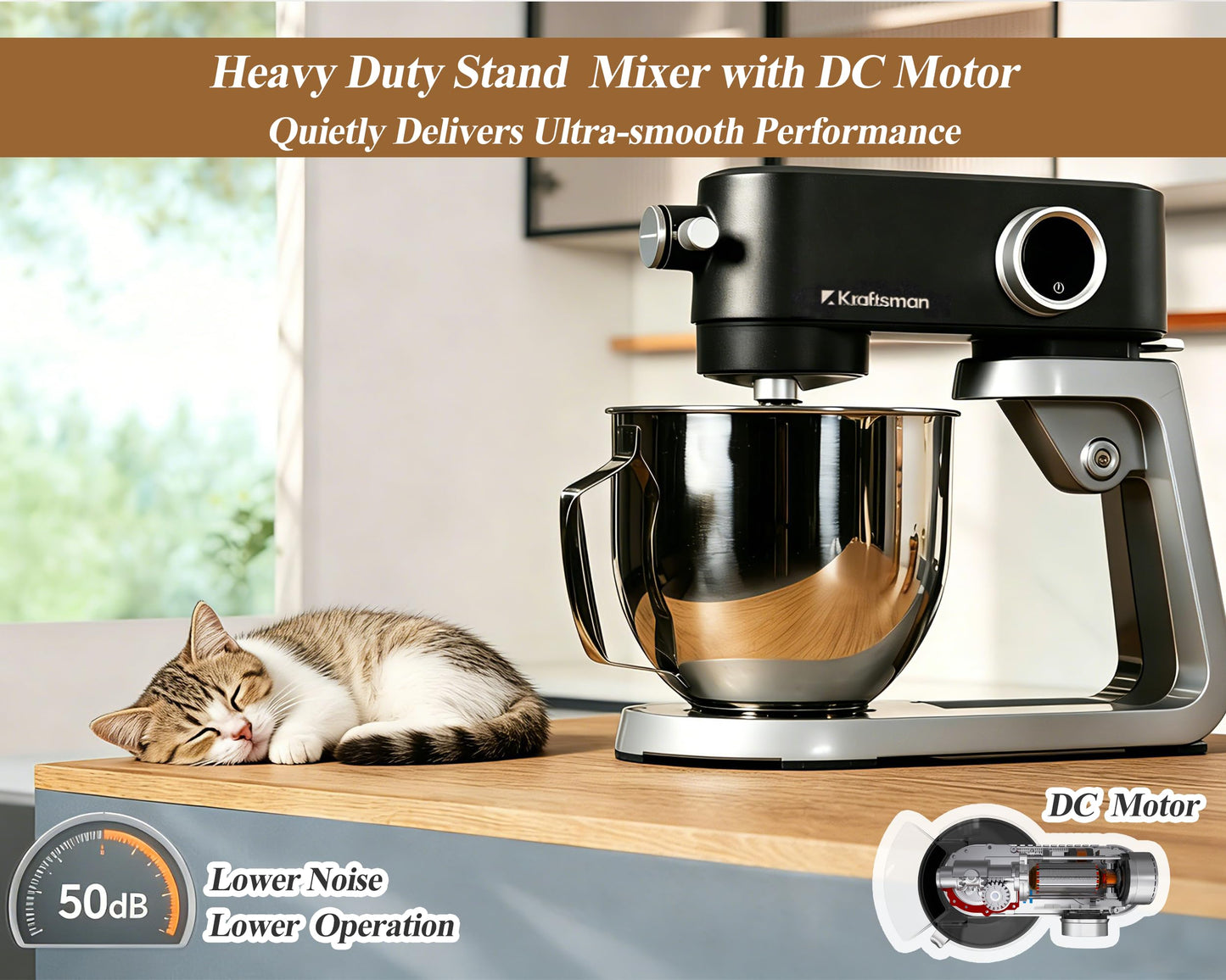 Kraftsman All Metal Stand Mixer DC Motor - Heavy Duty Dough Mixer 5.3 Quart with 4 Stainless Steel Attachments, Quiet Operation with Timer, Verstile Standing Mixer with Power Hub, 8-Speed (Black)