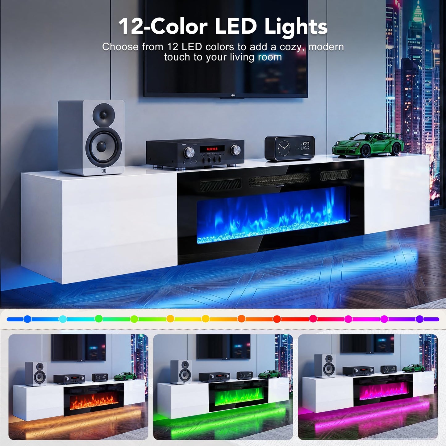 OneBlis 70" Floating TV Stand, Wall-Mounted Entertainment Center with 36" Electric Fireplace, Fits TVs Up to 80 Inches, Media Console with LED Lights for Living Room, White+Black