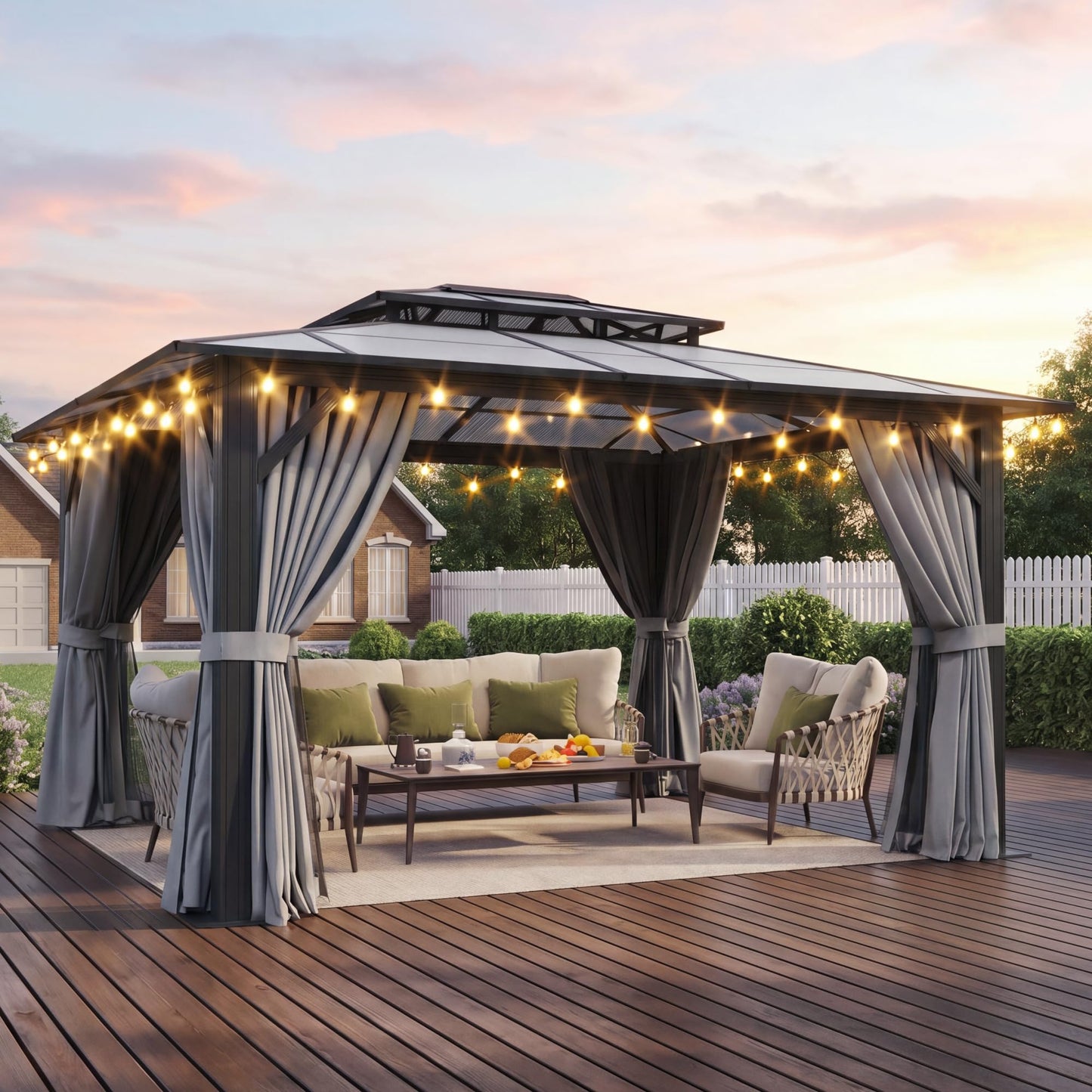 Breezestival 10'x12' Hardtop Gazebo Outdoor Permanent Gazebo with Double Polycarbonate Roof Canopy, Aluminum Frame Permanent Pavilion with Curtains and Netting for Patio,Garden,Lawns