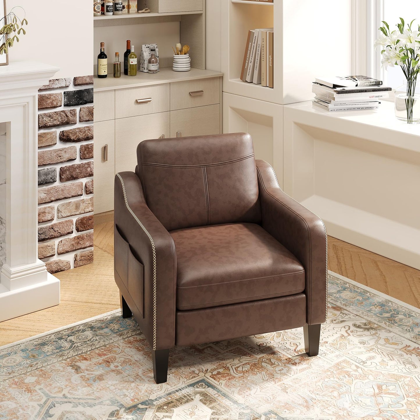 MALOL PU Leather Accent Chair Set of 2, Mid-Century Modern Living Room Armchair Sofa with Removable Cushions & Stitched Armrest Design, Bedroom Chair with Plastic Legs, Chocolate Brown