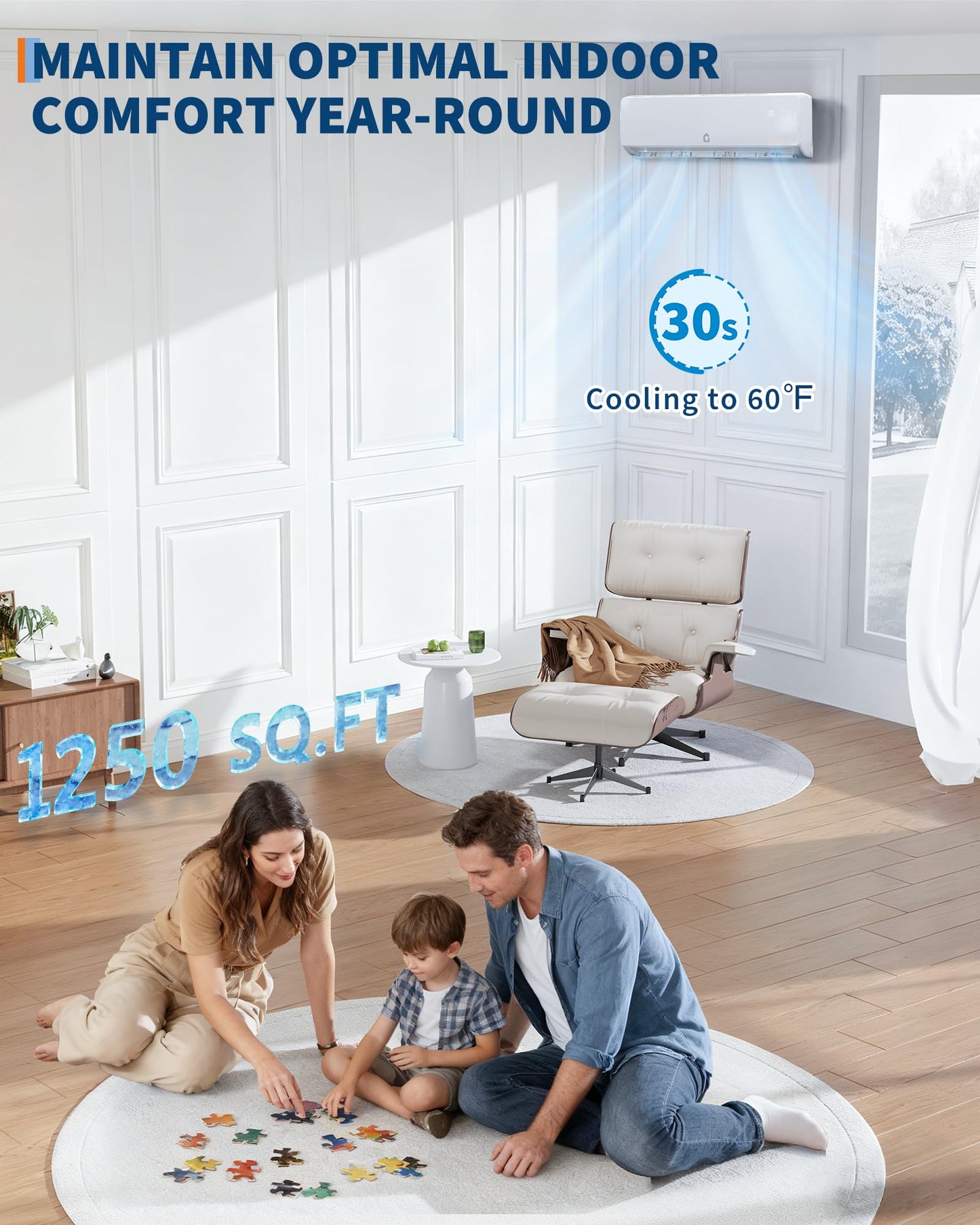 Air Conditioner Split Unit, 12,000 BTU All-Seasonal AC, SEER2 19, 230V, Sleep Mode, Auto Shut-Off, Timer Function, Energy Star Certificated, for Room Up 750 sq ft