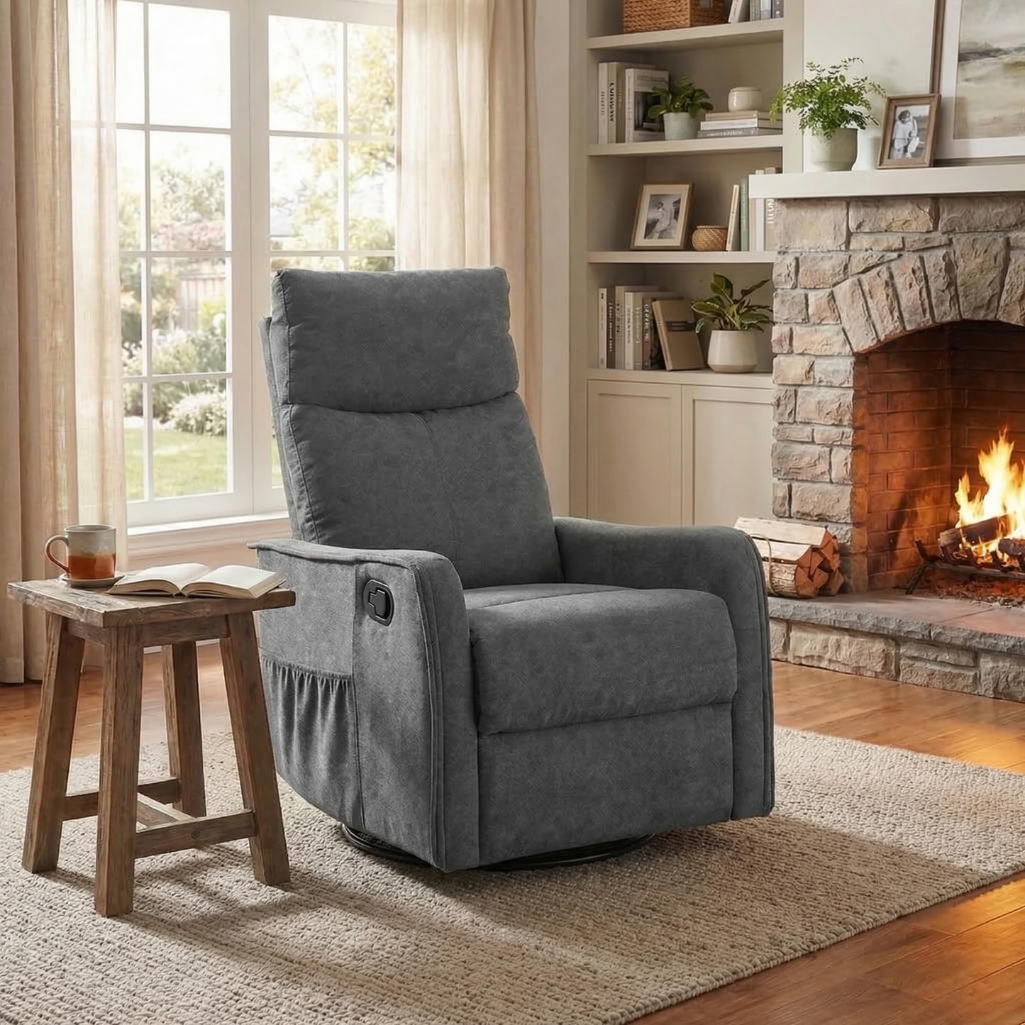 KEIKI 4-in-1 Manual Swivel Rocker Recliner Chair for Home Living Room, Polyester Chair with Back Massager & Heat, Home Theater Seating with Lumbar Support, Tool Free Assembly for Any Space, Grey