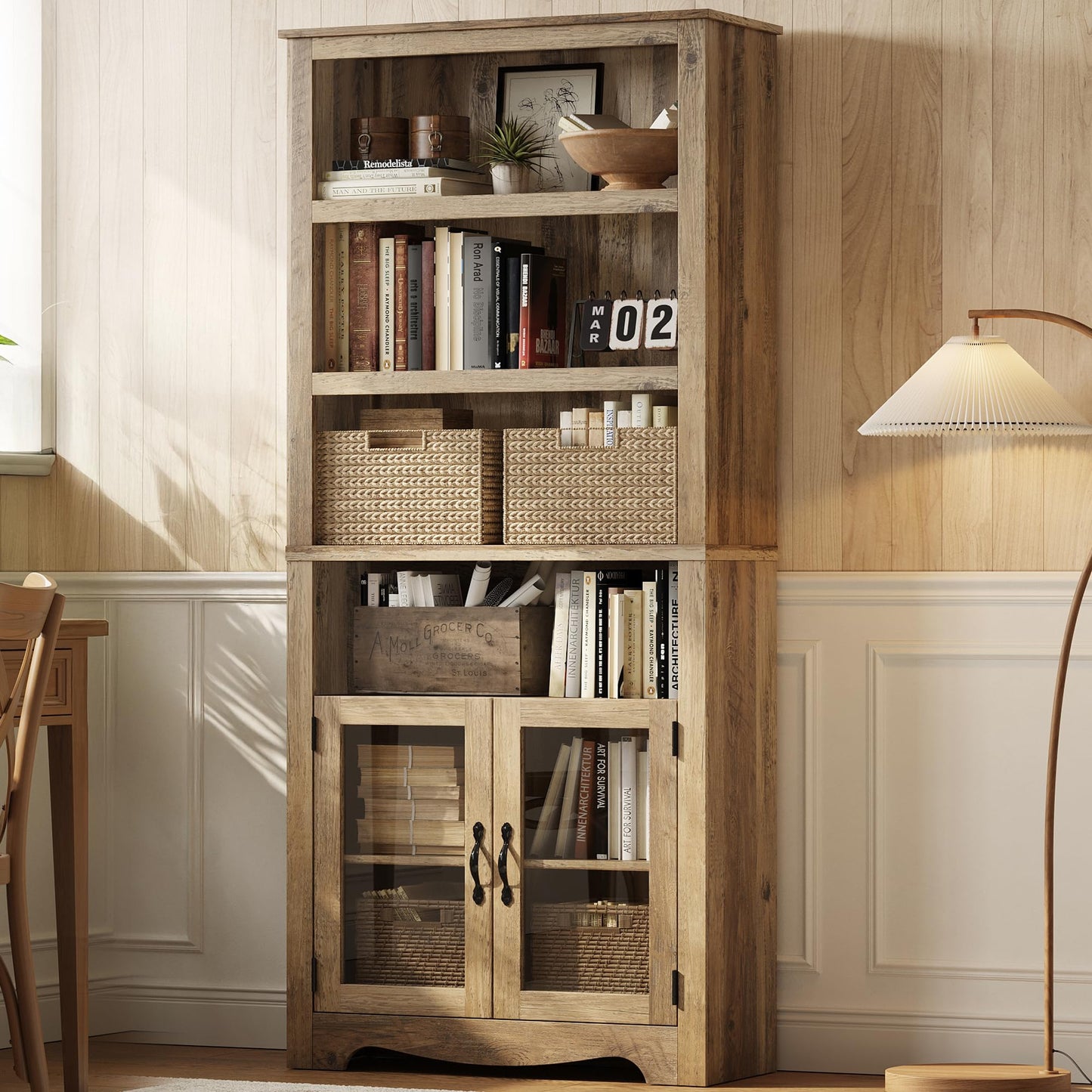 LINSY Bookshelf with Doors, 6 Shelf Bookcase Tall Bookshelves, 73" Farmhouse Book Shelf with Storage Cabinet, Wood Book Shelves for Living Room, Bedroom, Office, Rustic Brown