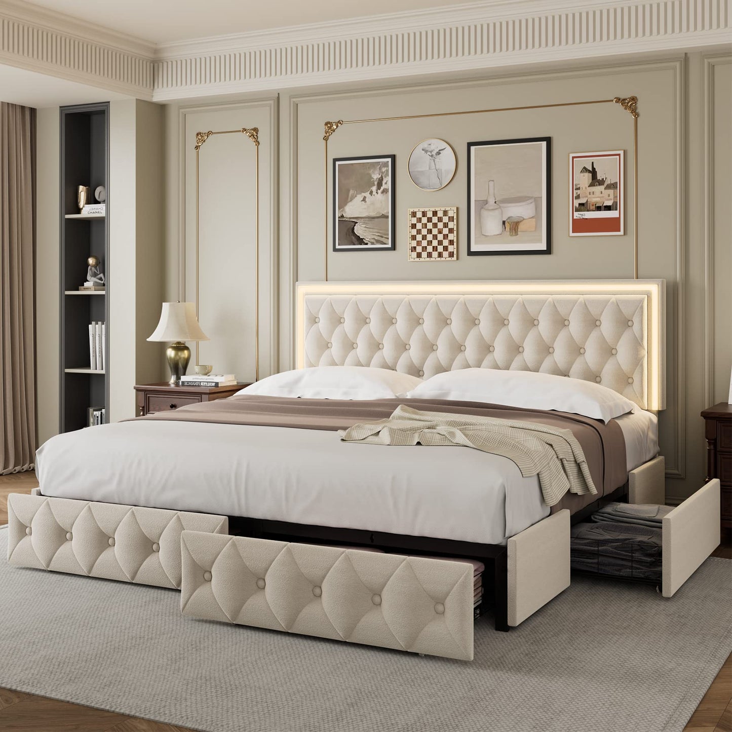 Keyluv King Size LED Bed Frame with 4 Storage Drawers and Adjustable Headboard, Velvet Upholstered Button Tufted Modern Platform Bed, Solid Wooden Slats Support, Easy Assembly, Beige