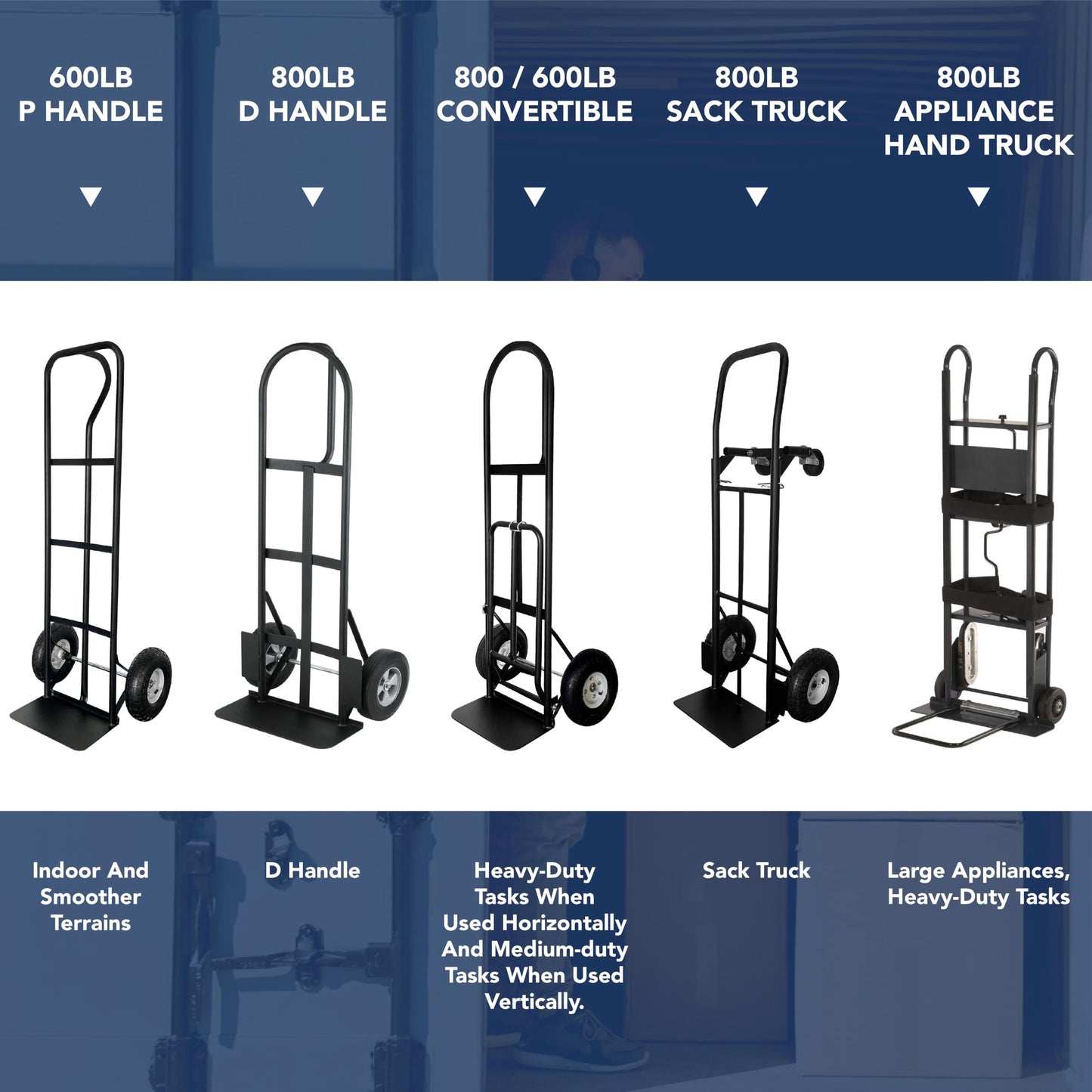 Olympia Tools 800 Lb Sack Hand Truck with Folding Nose, D Handle and 10" Pneumatic Wheels for Home and Office Use