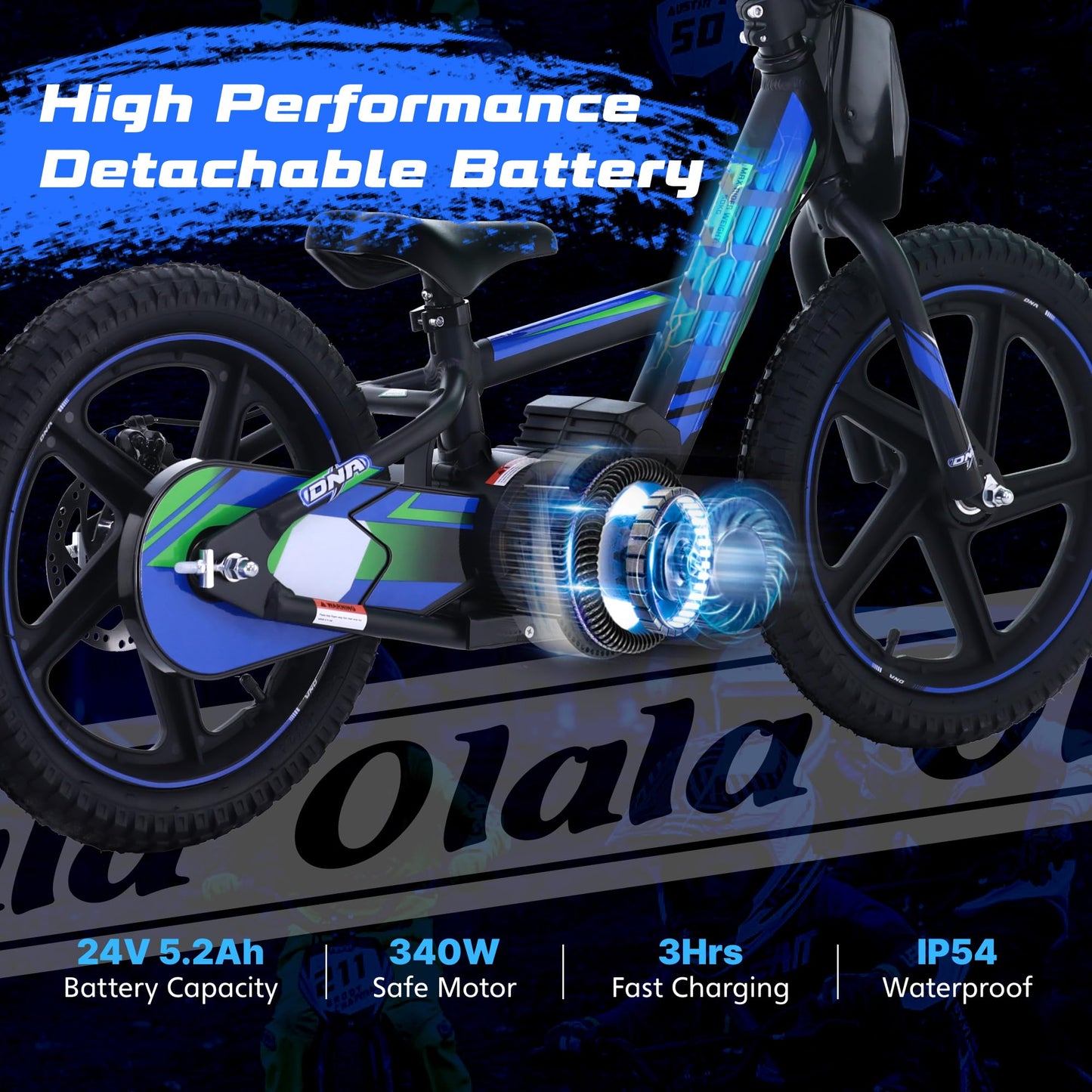 OLALA Electric Dirt Bike for Kids Aged 5-10, 340W Racing Grade Electric Motorcycle with Aluminum Frame, Up to 12MPH & 3 Speed Settings, Safe Disc Brakes, 16IN Knobby Tires