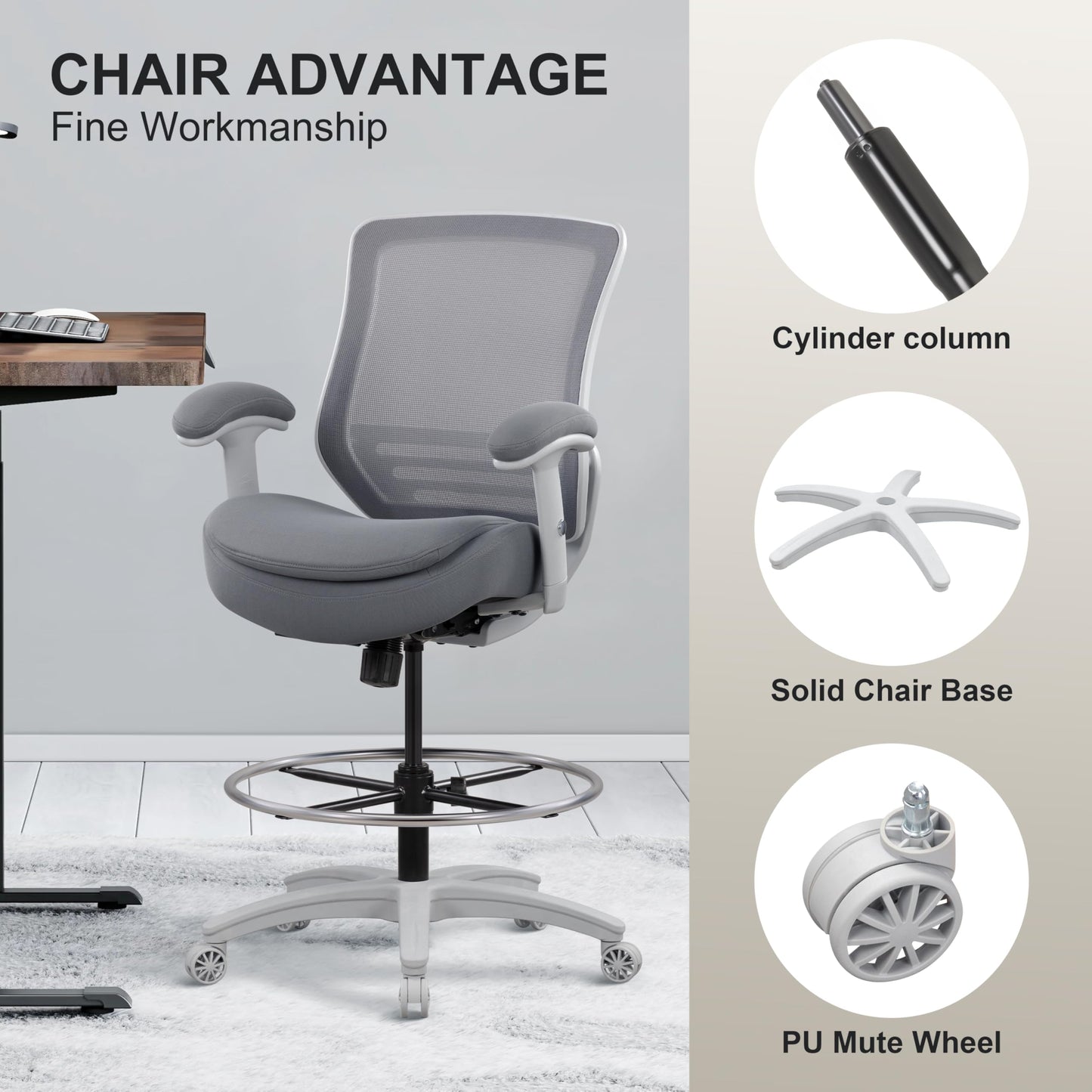WITTLONG 400lbs Office Drafting Chair Wide Dual Seat Cushion Height Adjustable Armrest for High Standing Desk with Lumbar Support and Enlarged Adjustable Footrest (Light Gray Frame Light Gray Fabric)