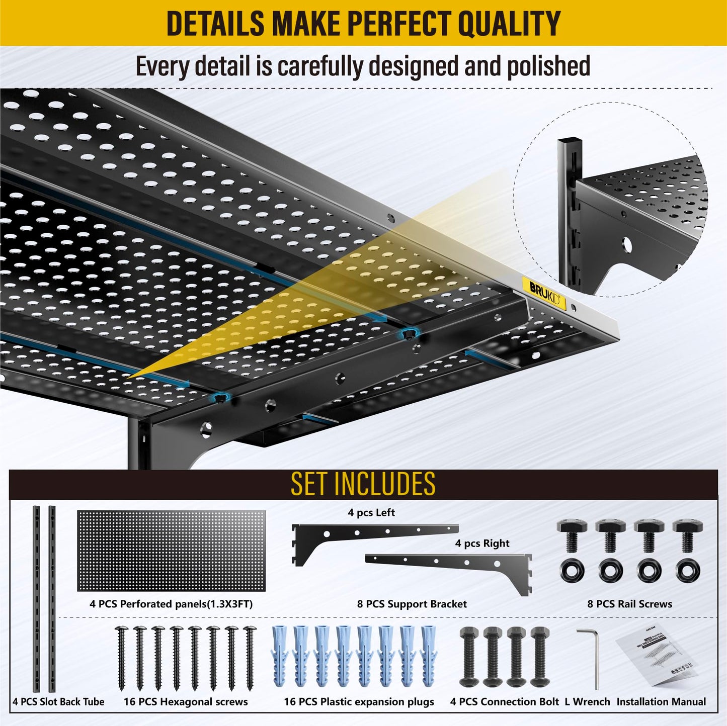 Brukid 2-Pack×2 Tier 1.3x3ft Garage Shelving Wall Mounted, 15.6x36inch per Shelf Height Cassette Adjustable Floating Shelves（Total 4pcs）(Black)
