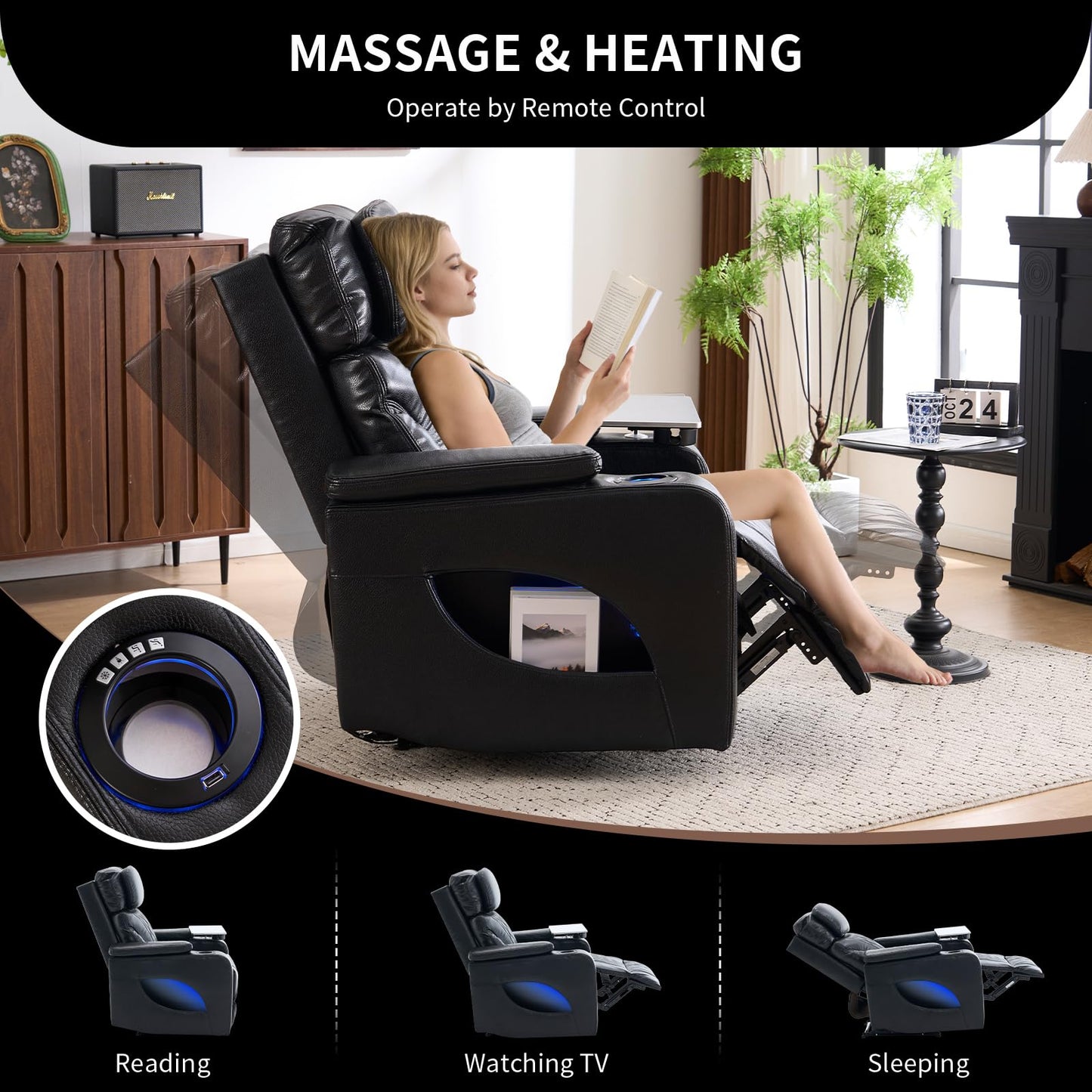 Zuacs Home Theater Seating, Power Recliner with Cooling Cup Holder & Heating Massage, Electric Recliner Chair with Tray Table, USB Charging, Manual Headrest for Living Room,Matte Black