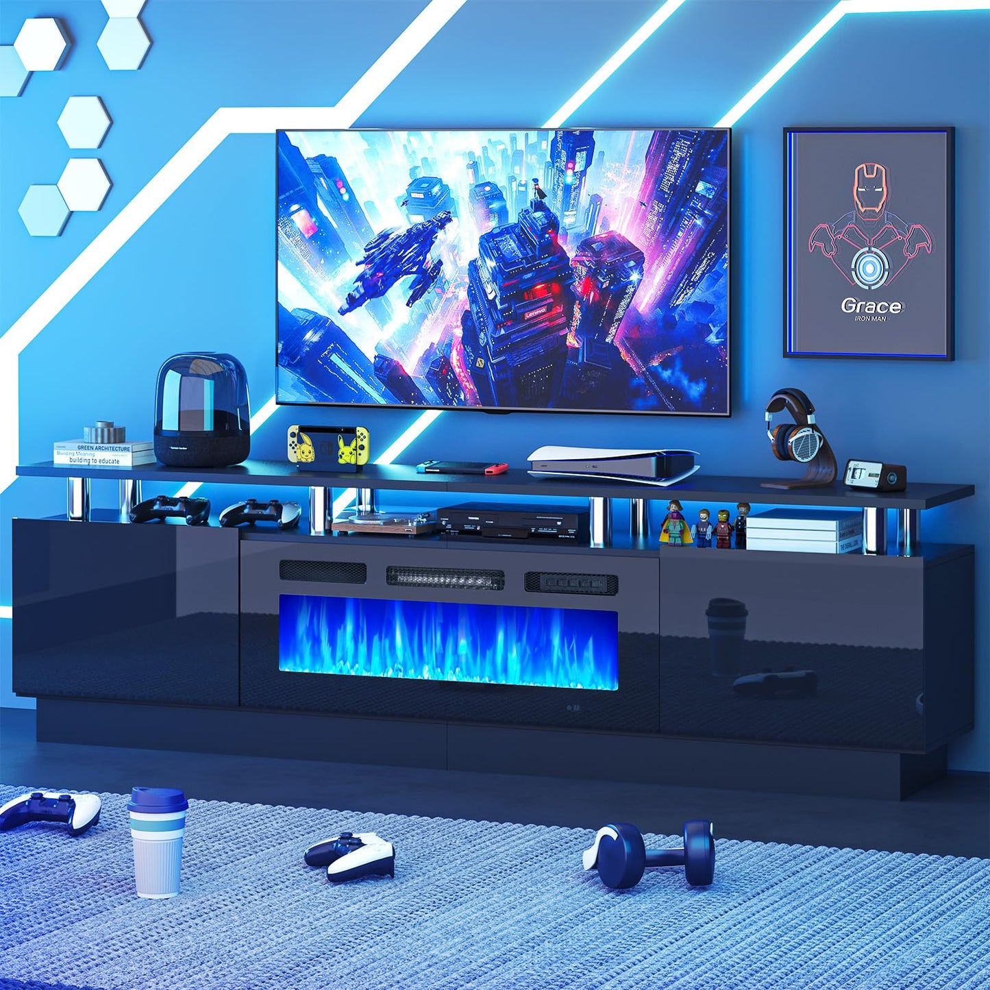 MXV 80" Fireplace TV Stand, Modern Entertainment Center & 36 Inch Electric Fireplace, Remote Control, LED Light, Fire Place Tv Stand for Living Room for TVs up to 90", Black + Black