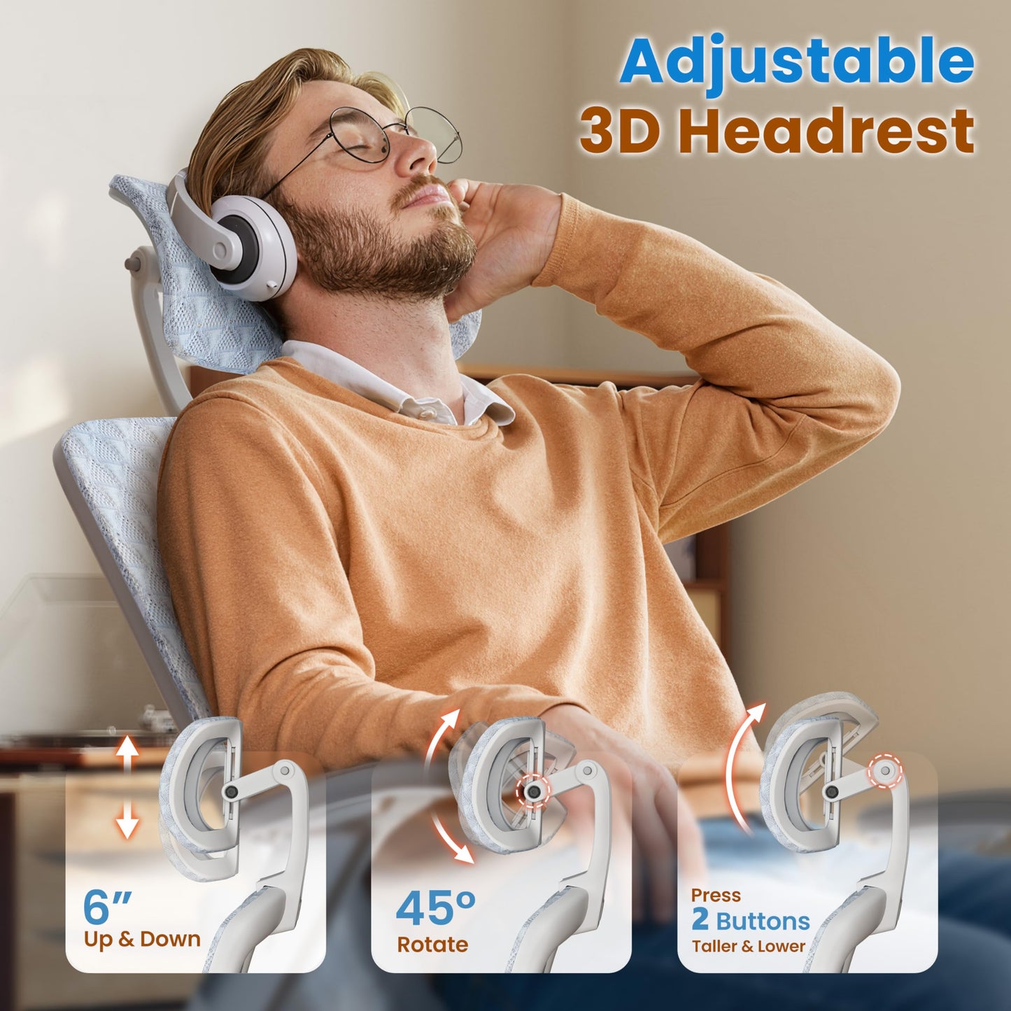 GABRYLLY Ergonomic Office Chair, High Back Home Desk Chair with Flip-Up Arms, 3D Headrest, Thick Sponge Seat &90-120° Recline, Big and Tall Mesh Executive Chairs for Man Woman, Glacier Flow