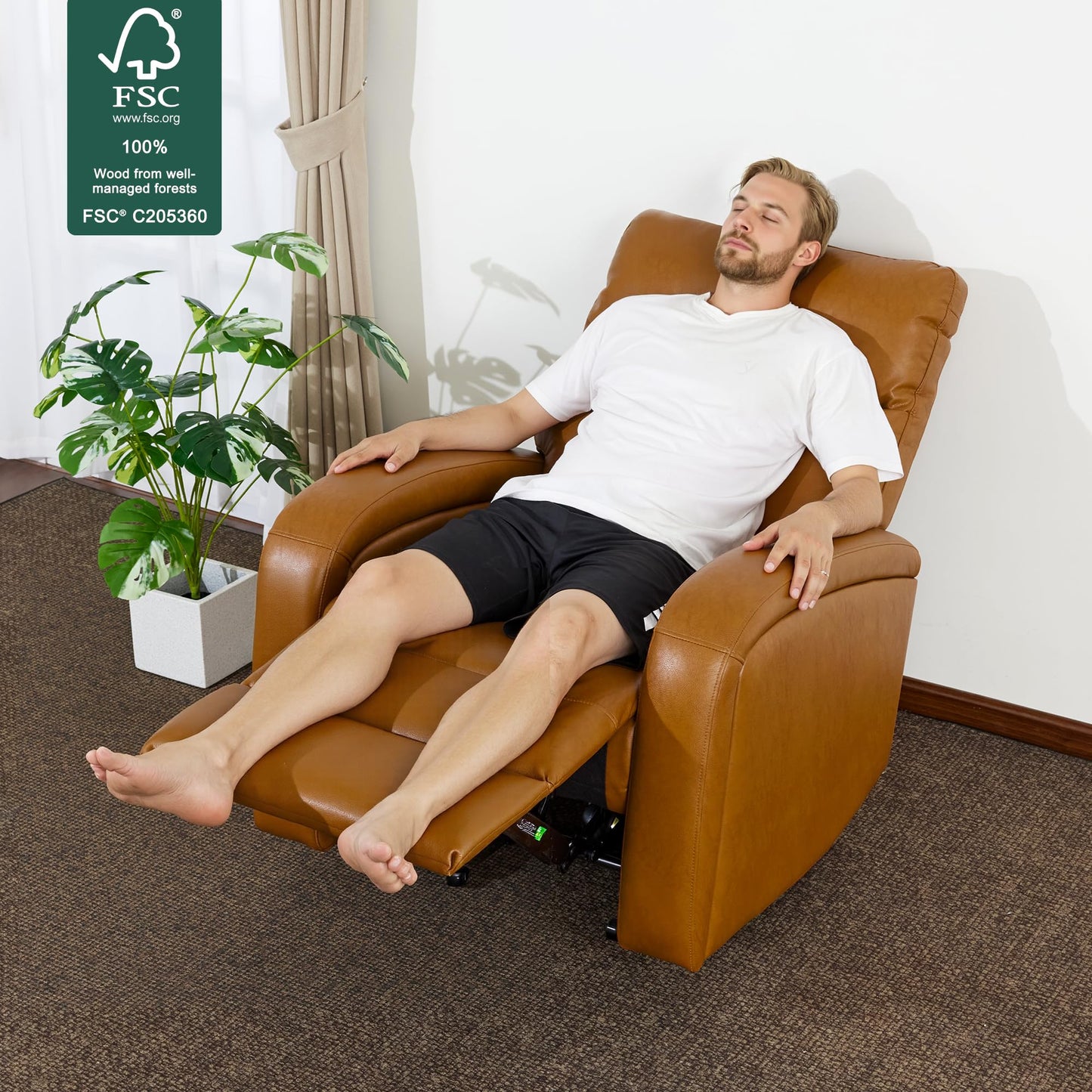 MCombo Zero Wall Recliner Chair, Power Wall Hugger Recliner with USB & Type-C Dual Charge Ports for Small Space, Living Room, RV PR644 (Cognac Brown)