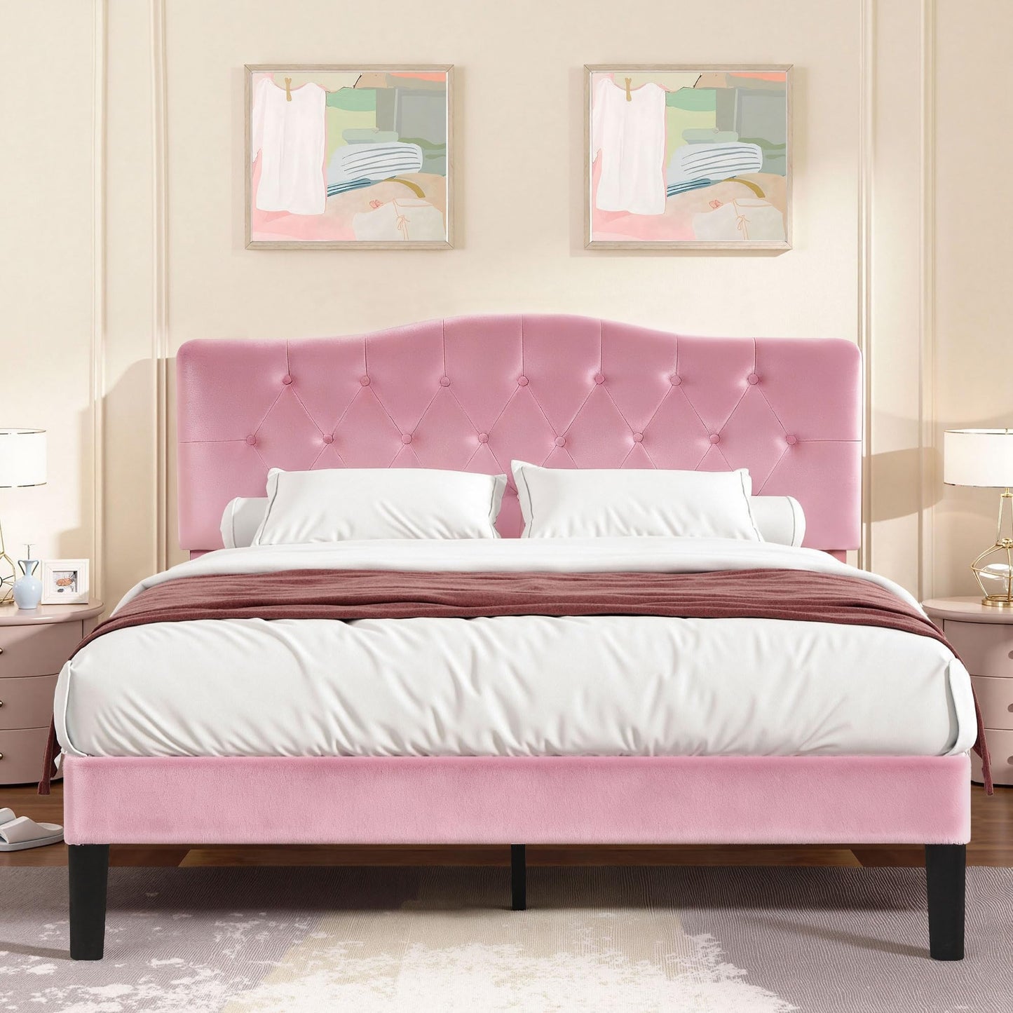 VECELO Queen Size Bed Frame with Upholstered Headboard, Velvet Platform Bedframe Mattress Foundation, Sturdy Wooden Slats Support,No Box Spring Needed Noise Free/Easy Assembly,Pink