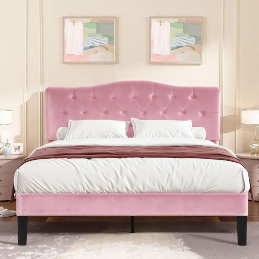 VECELO Queen Size Bed Frame with Upholstered Headboard, Velvet Platform Bedframe Mattress Foundation, Sturdy Wooden Slats Support,No Box Spring Needed Noise Free/Easy Assembly,Pink