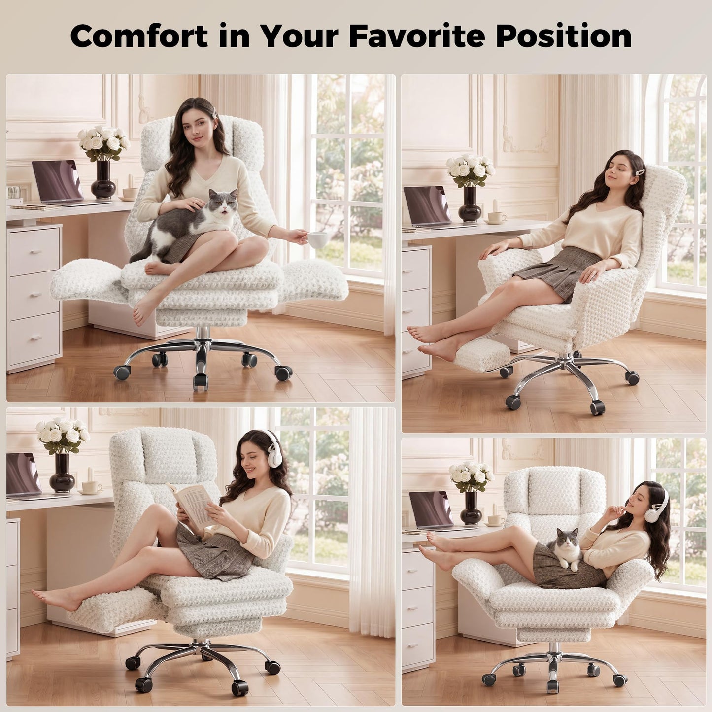 HOMRELEXA Big and Tall Office Chair, Flip Armrests for Pets & Cross Legged Sitting, Executive Ergonomic Computer Gaming Chair with Foot Rest, White Rose Velvet Wide Seat Reclining Desk Chair
