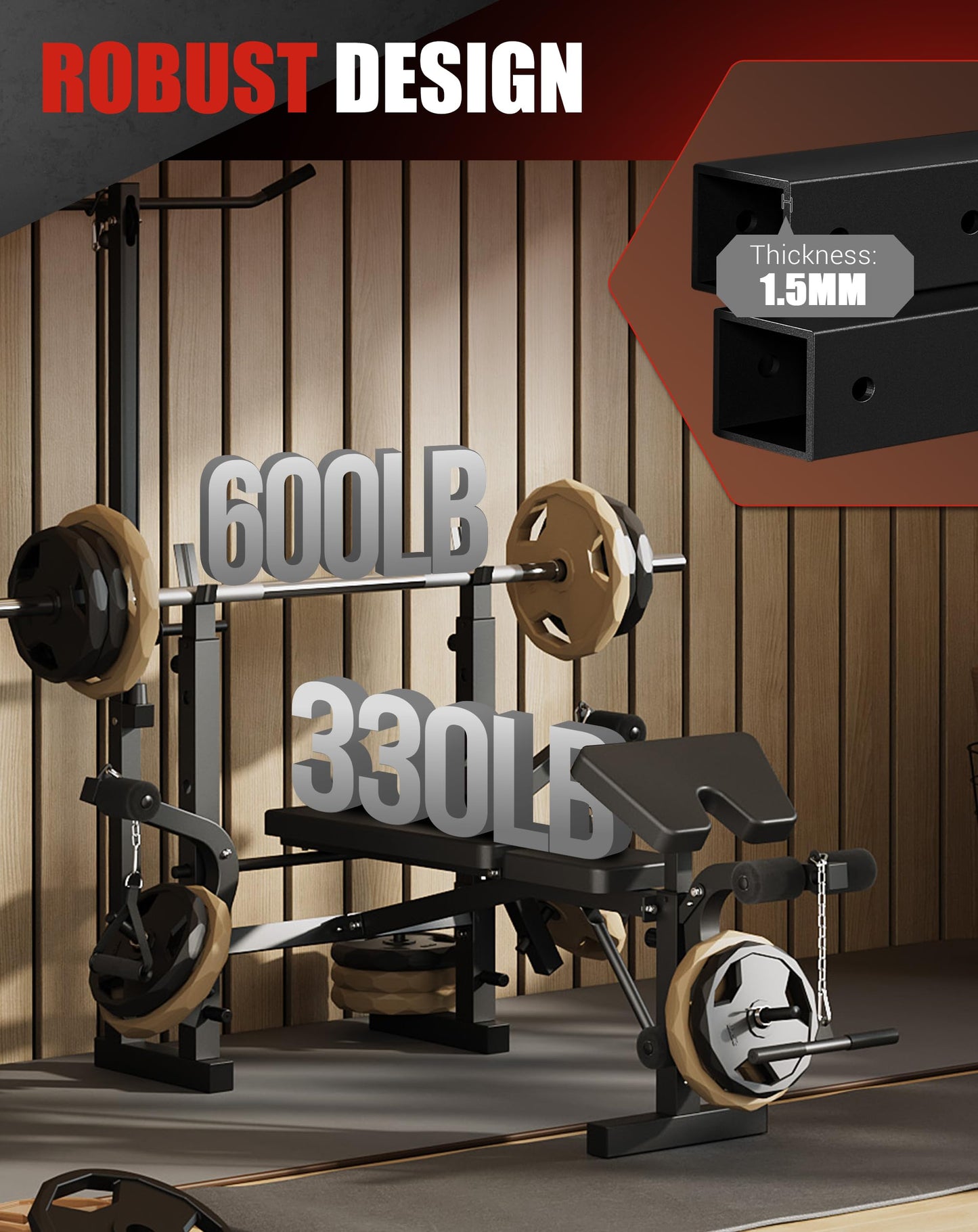 7-in-1 Weight Bench Set with Adjustable Rack, 900LBS Foldable Bench Press Set with Leg Extension/Curl for Strength Training, Multi-Function Workout Bench with Preacher Curl Pad for Home Gym