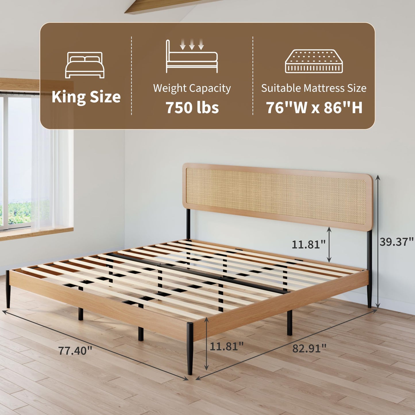 Rattan King Bed Frame with Headboard, Boho King Platform Beds, Natural Woven Rattan Headboard, Heavy Duty Slat Support Platform, No Box Spring Needed, Under Bed Storage, Noise Free, Easy Assembly