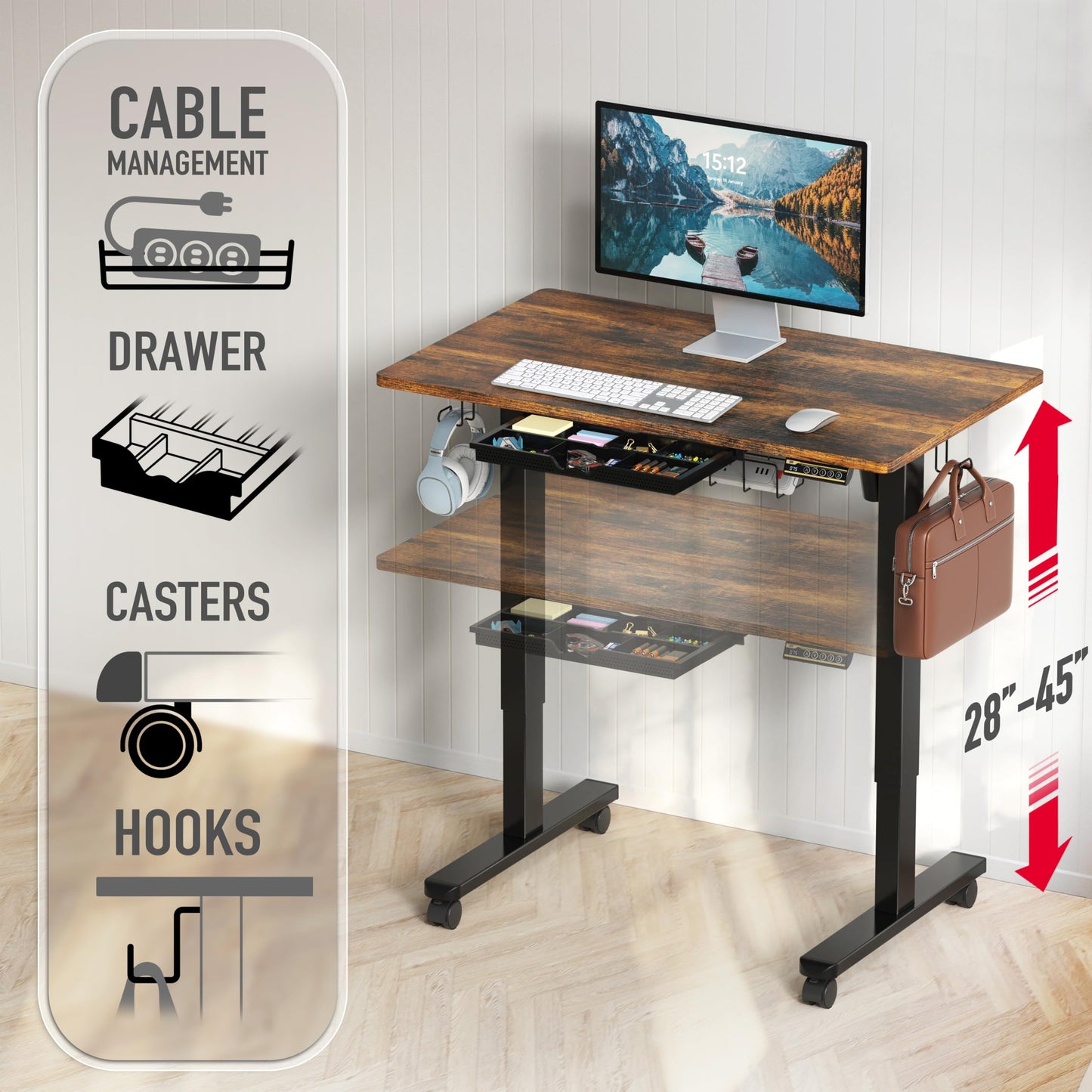 SHW 40-Inch Mobile Electric Height Adjustable Sit to Stand Desk with Drawer, Hanging Hooks and Cable Management, Rustic Brown