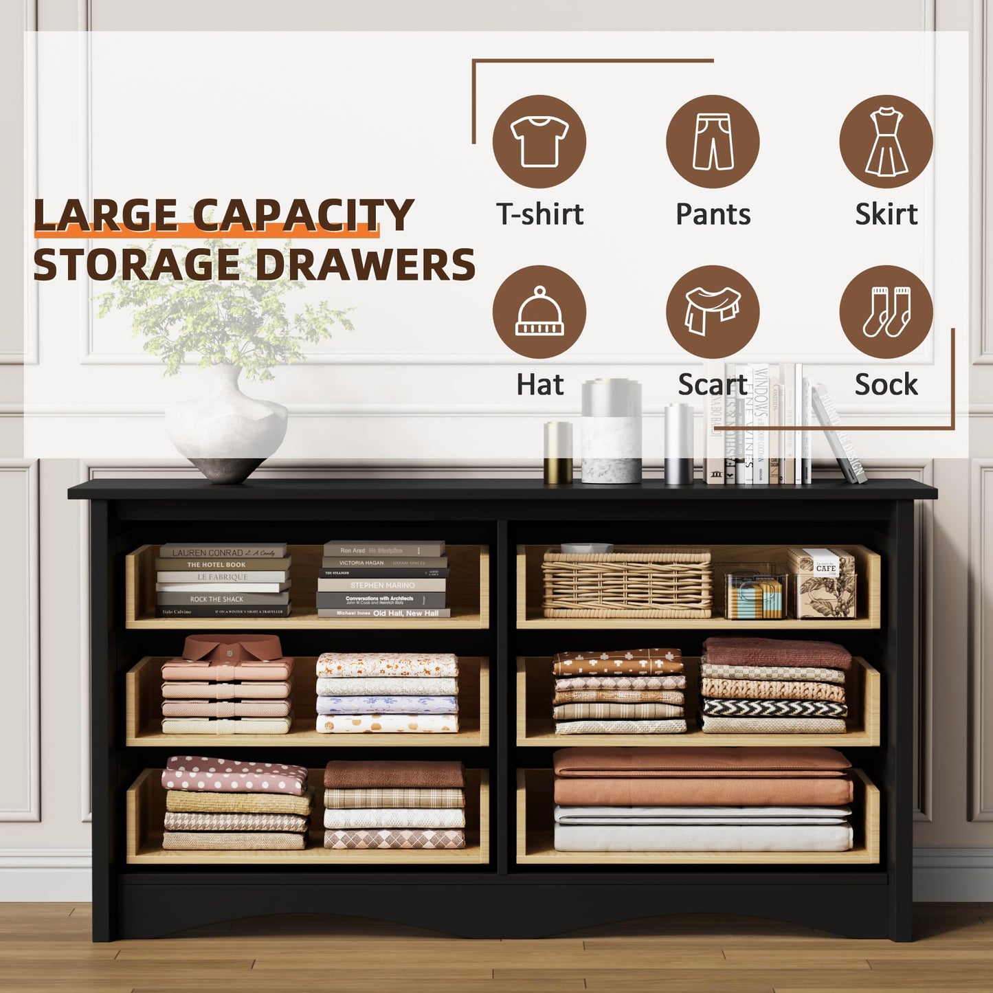 Flamaker Dresser for Bedroom, 6 Drawer Dresser, 47.2'' Wood Dressers, Wide Chest of Drawer, Storage Drawers, Storage Organizer for Closet, Hallway (Black)