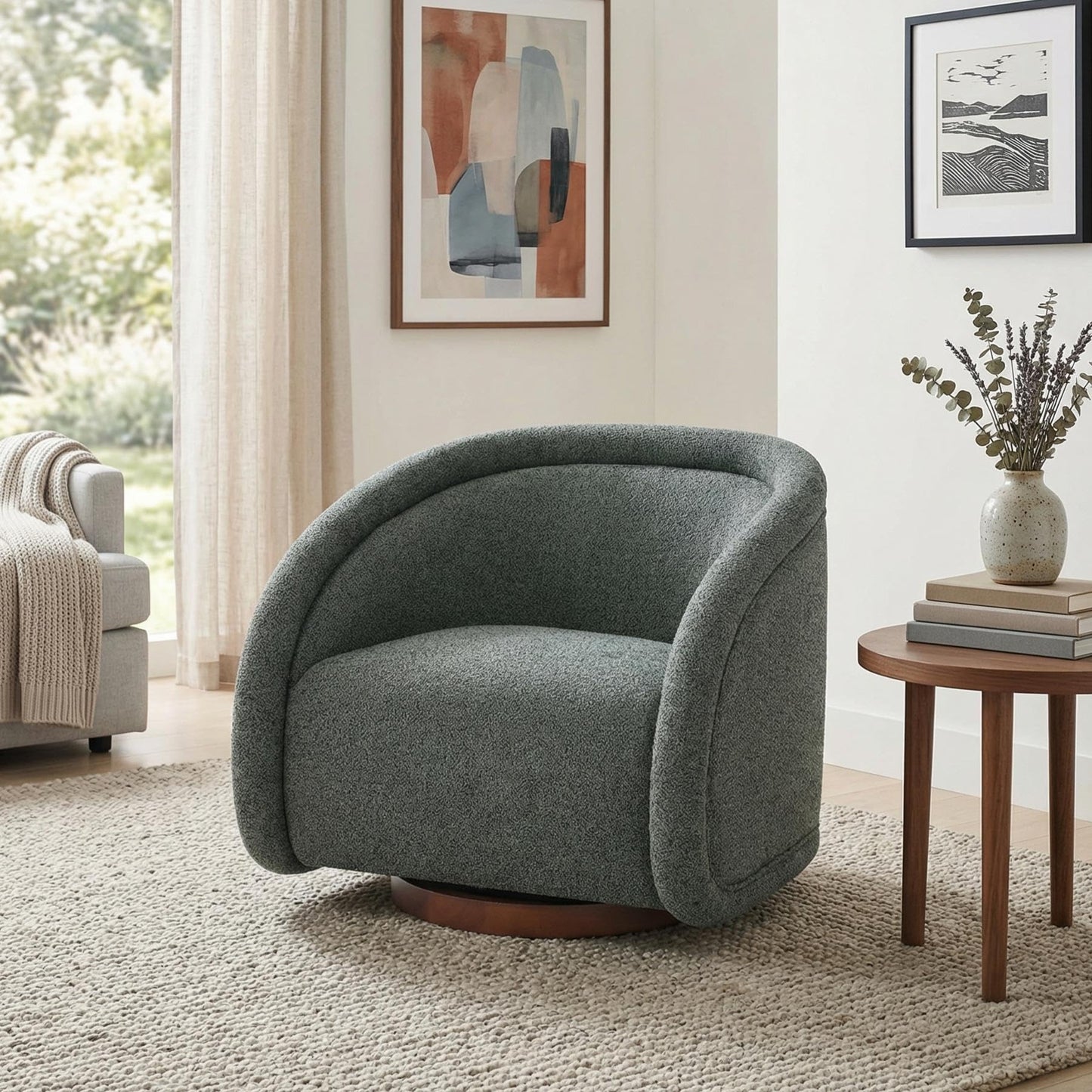 Christopher Knight Home Sabbo Swivel Chair with Solid Wood Base, Comfy Swivel Accent Chair with Curved Design, Boucle Upholstered Lounge Sofa Chair for Living Room/Bedroom, Gray Green + Walnut