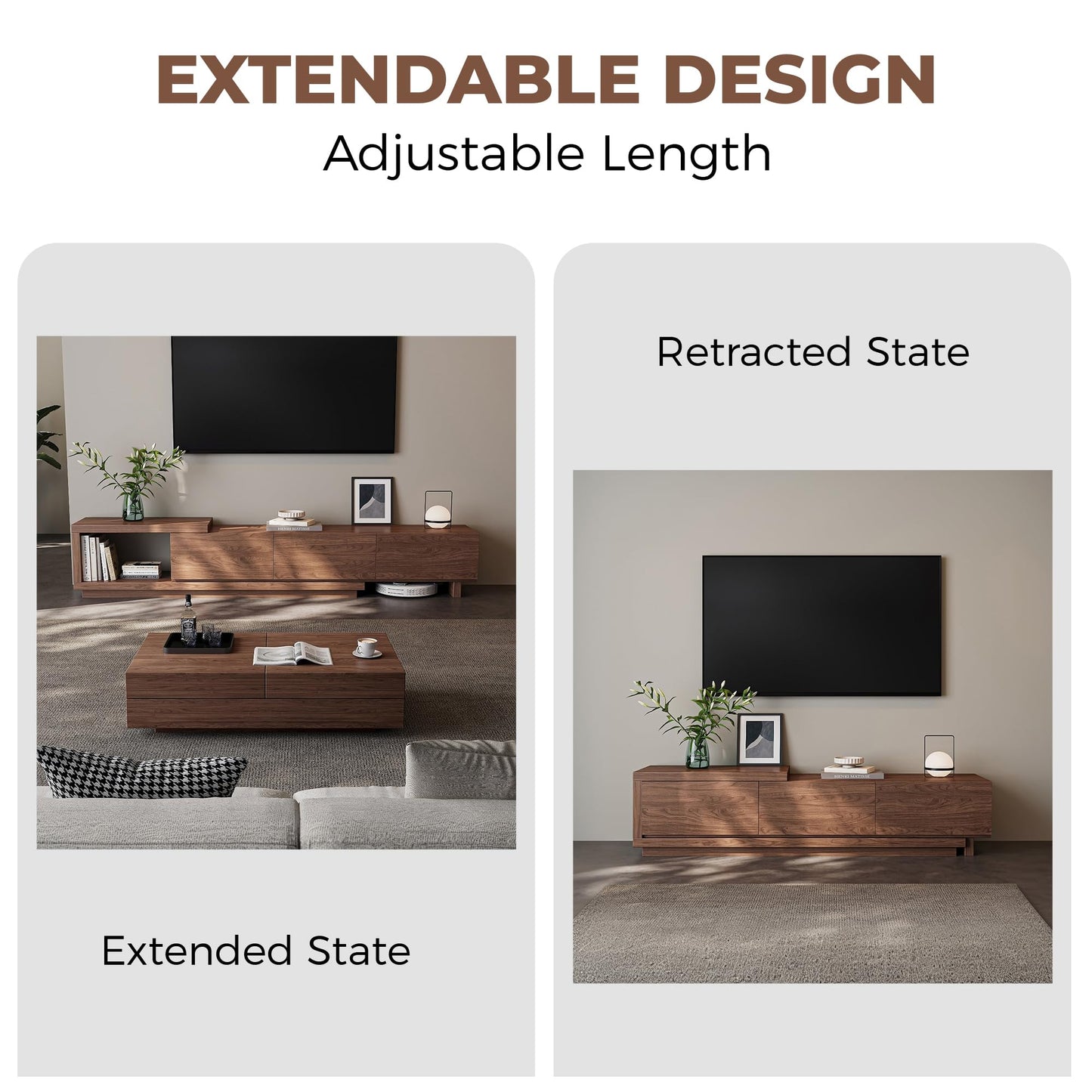 Etelifrank Extendable TV Stand for 65-100 Inches TVs – Walnut Entertainment Console with 3 Drawers & 1 Storage Compartment, Adjustable Length 68.5''-98.4'' (Walnut, 68.5''-98.4'')