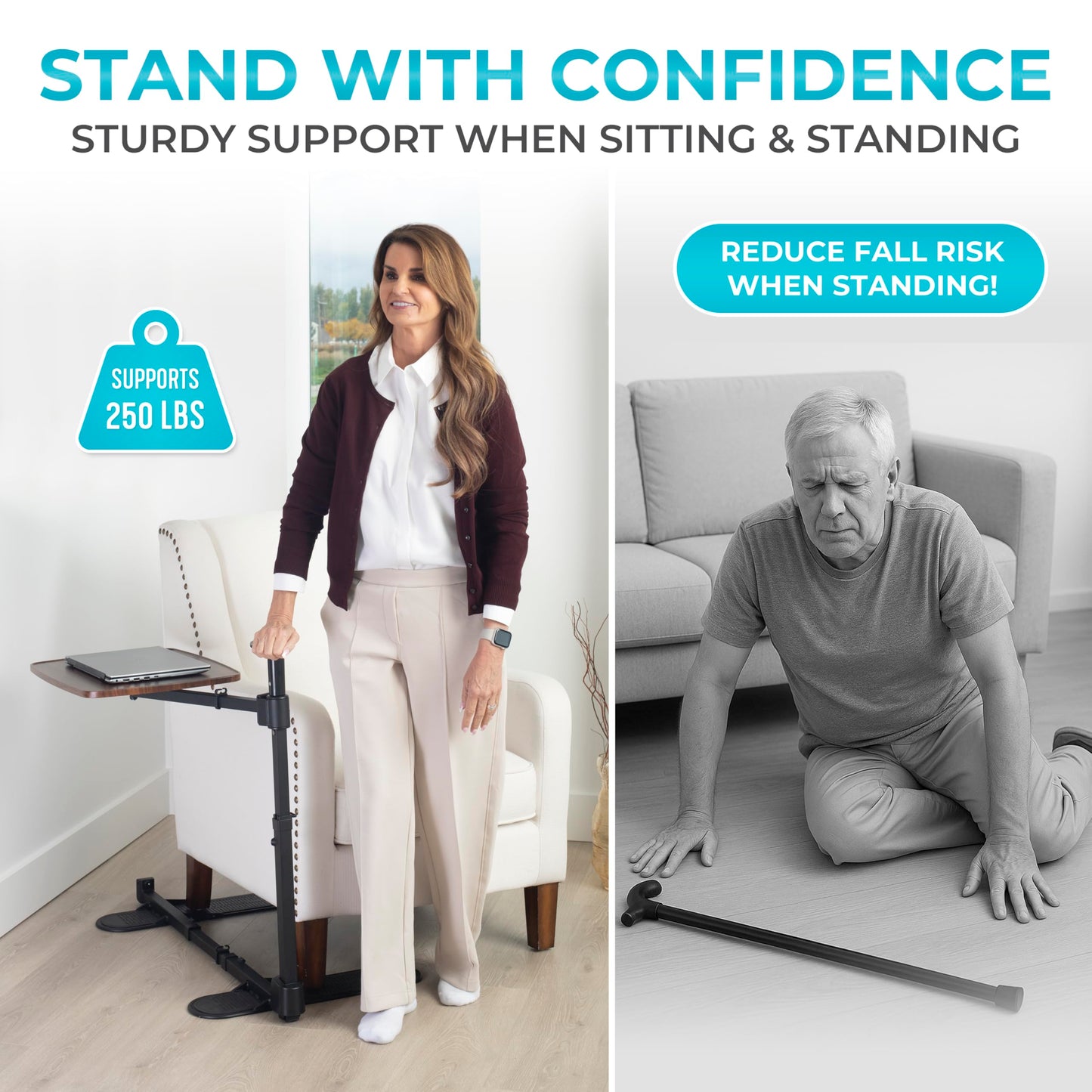 Stander Wonder Tray Plus, Adjustable Recliner Swivel TV Tray with Standing Handle for Seniors & Elderly Adults, Walnut Laptop Desk for Couches & Chairs, Mobility Aid Sit and Stand Assist
