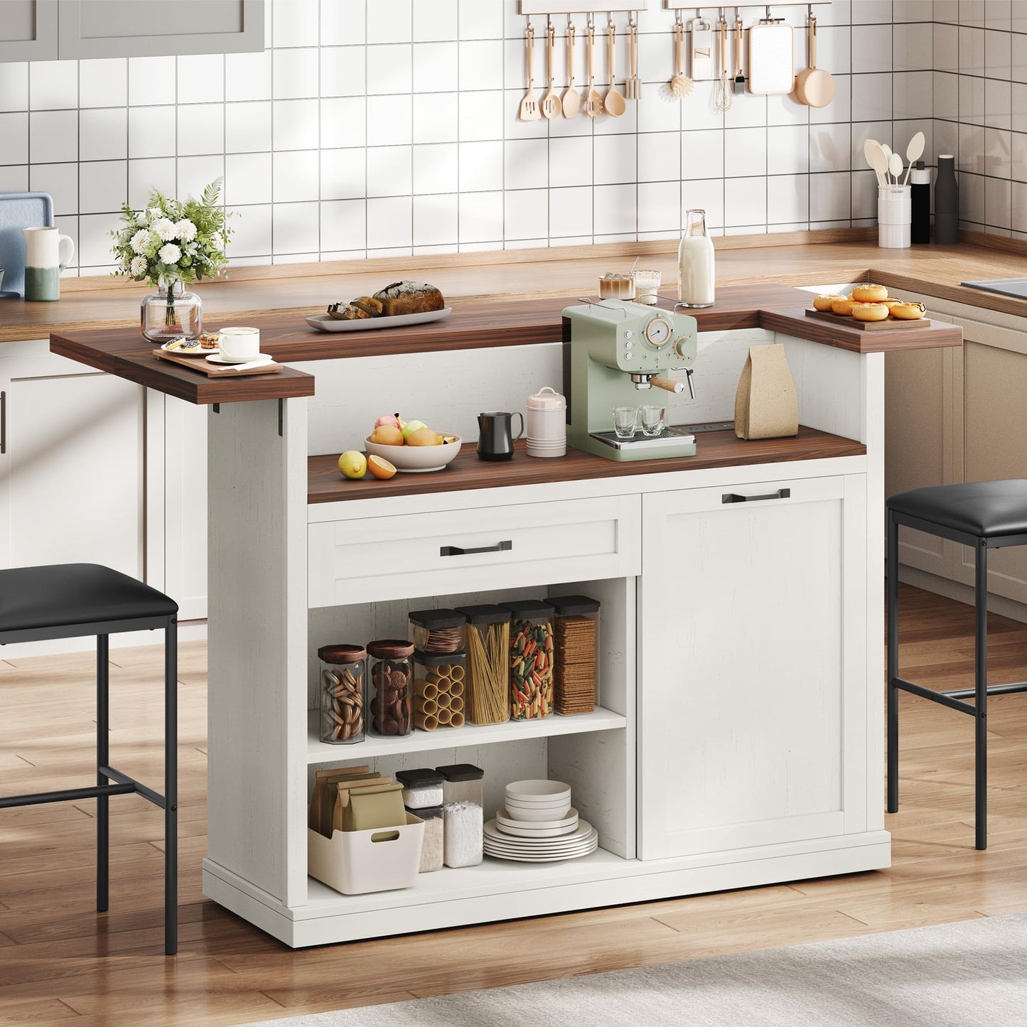 Homiflex Kitchen Island with Storage, Rolling Kitchen Islands with Storage, 55" W Large Island Table, Breakfast Bar Counter with Drop Leaf, Trash Can Cabinet, Power Outlet for Dining Room, Walnut