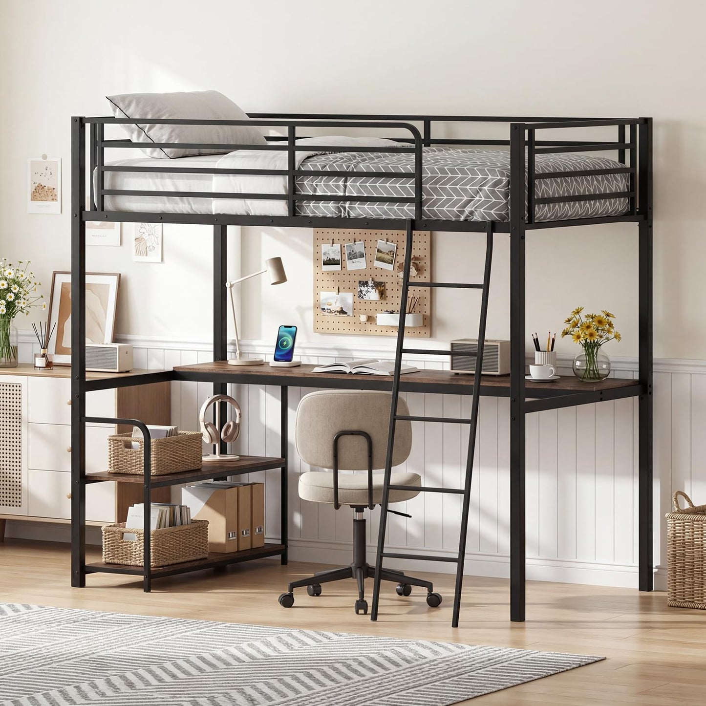KOMFOTT Twin Loft Bed with Desk & Shelves, Heavy Duty Metal Bed Frame with Charging Station, Inclined Ladder & Guardrails, Space-Saving Metal Loft Bed for Kids, Teens, Adults, No Box Spring Needed